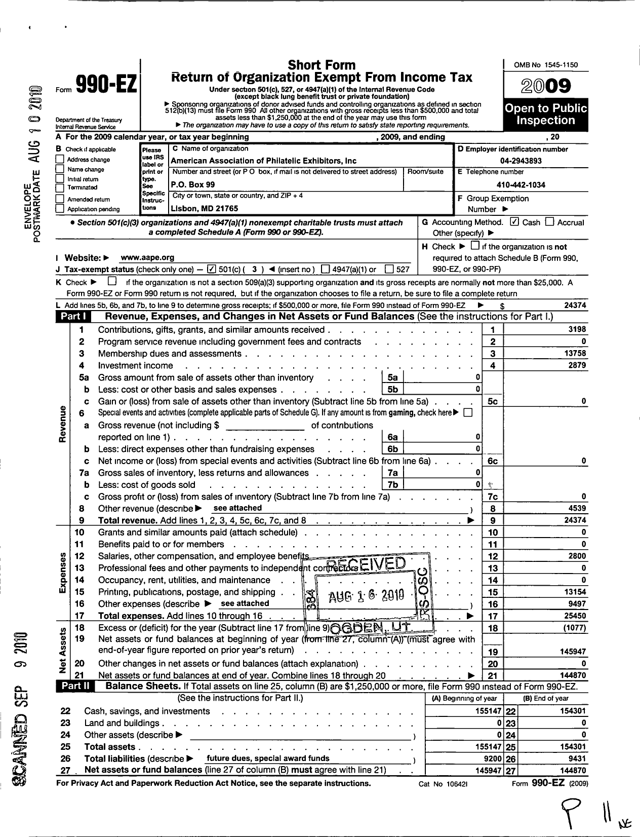 Image of first page of 2009 Form 990EZ for American Association of Philatelic Exhibitors