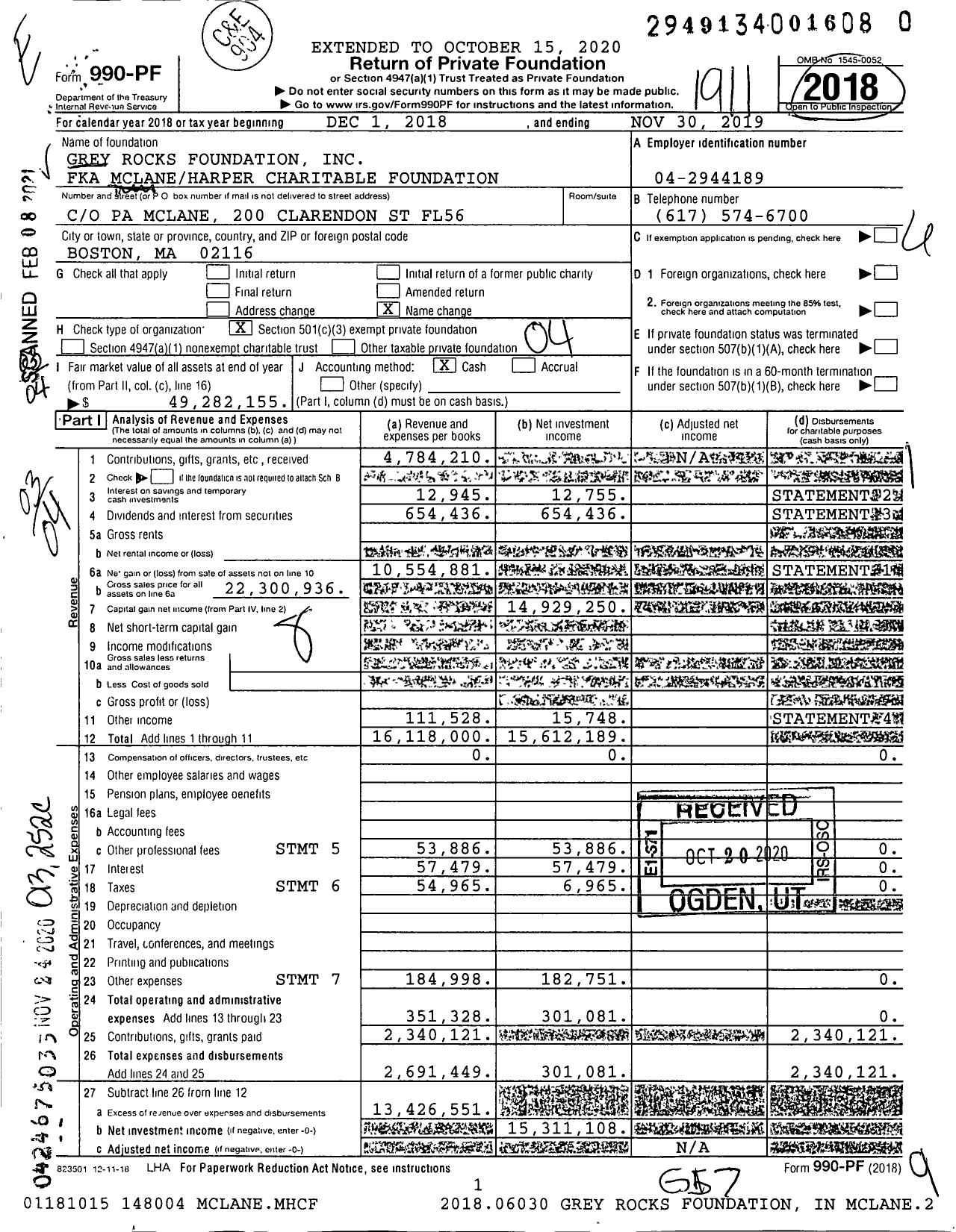 Image of first page of 2018 Form 990PF for Grey Rocks Foundation