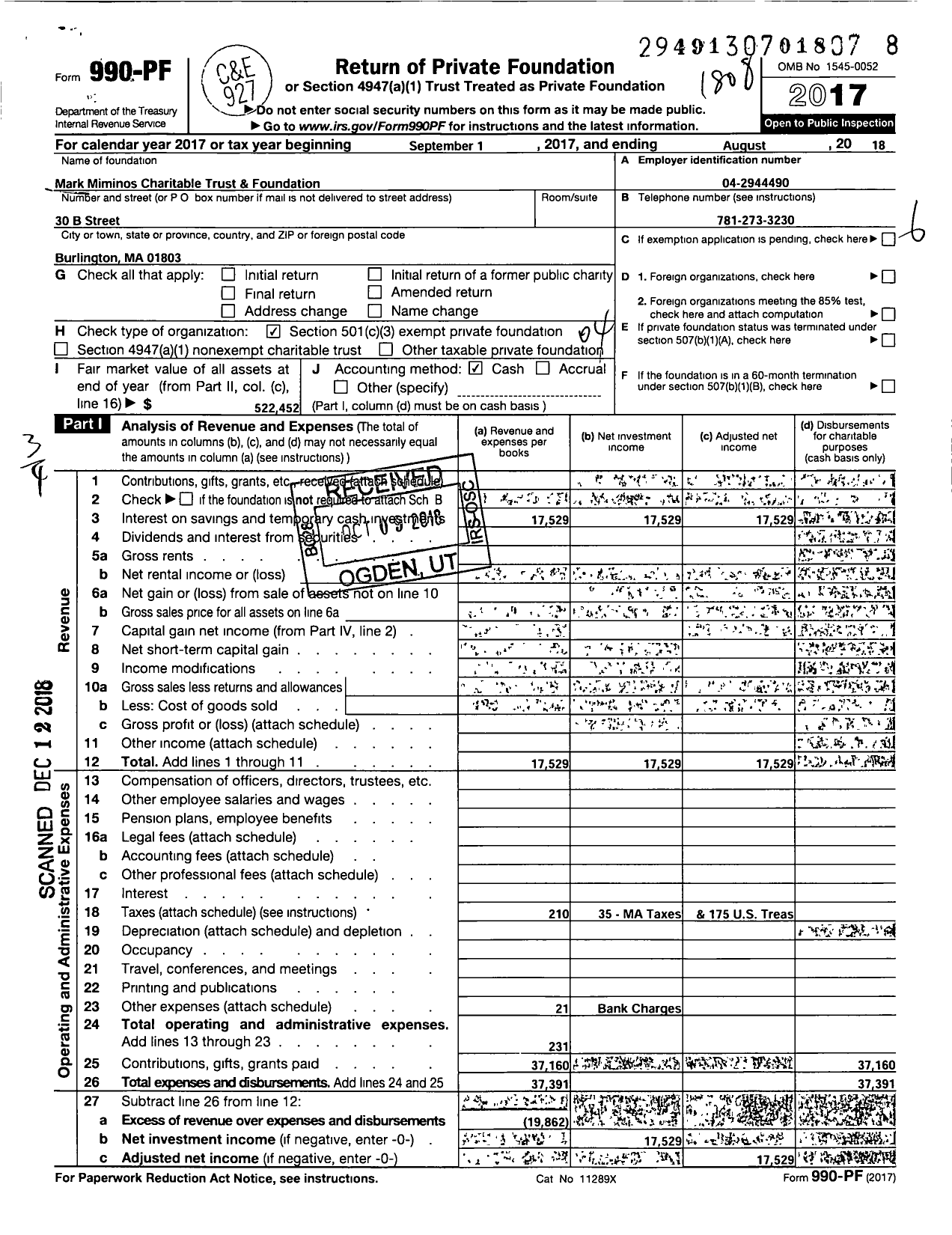 Image of first page of 2017 Form 990PF for Mark Miminos Charitable Trust and Foundation