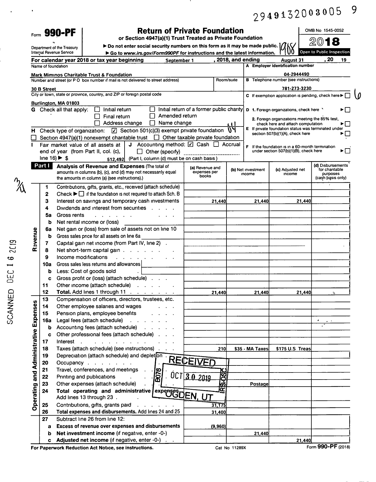 Image of first page of 2018 Form 990PF for Mark Miminos Charitable Trust and Foundation