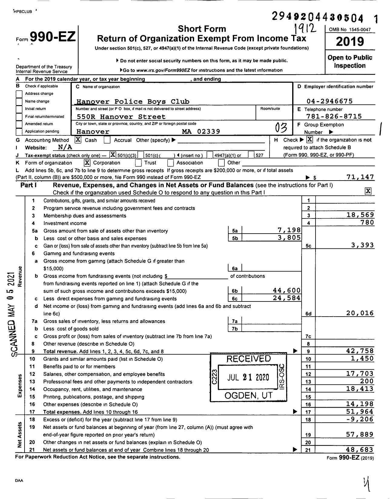 Image of first page of 2019 Form 990EZ for Hanover Police Boys Club