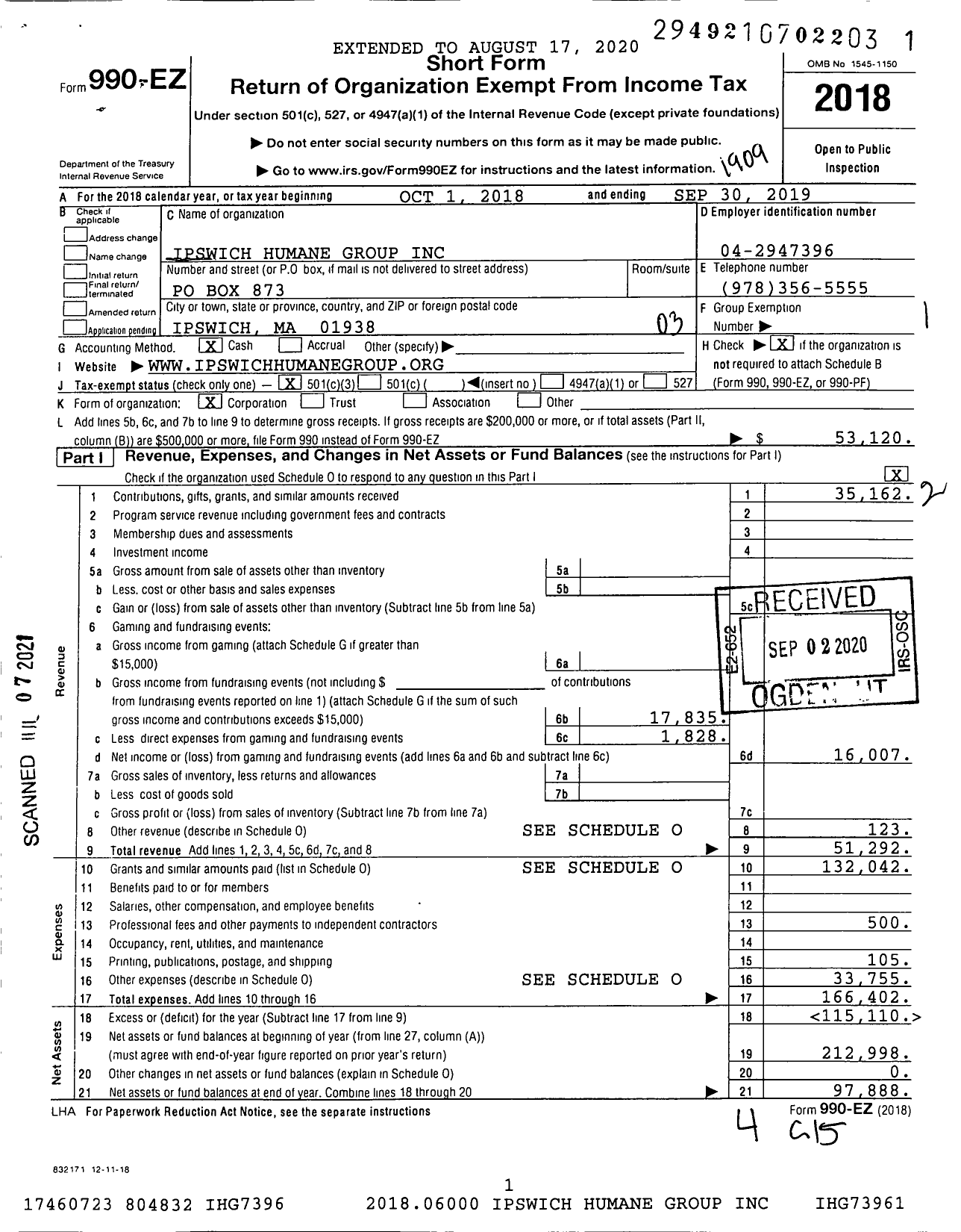 Image of first page of 2018 Form 990EZ for Ipswich Humane Group