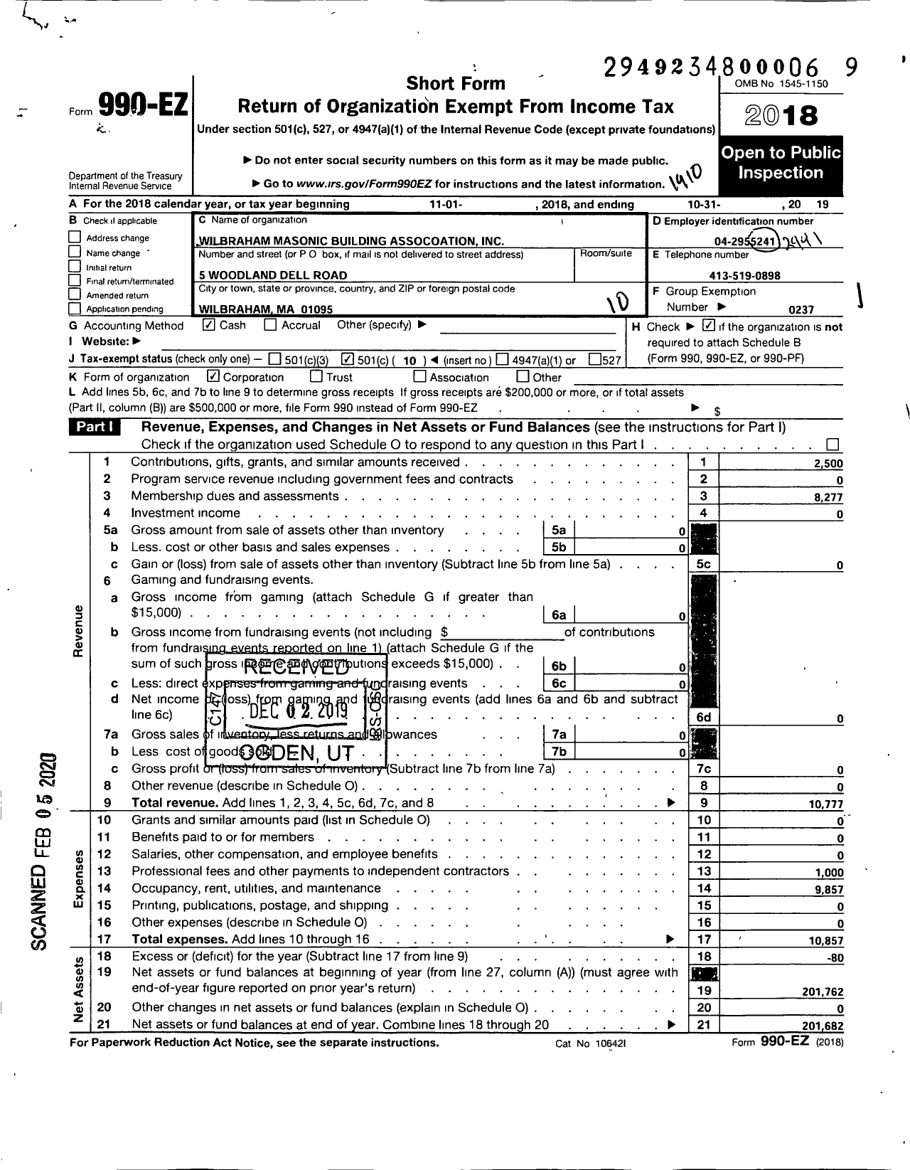 Image of first page of 2018 Form 990EO for Massachusetts Freemasons - Wilbraham Masonic Bldg Assoc