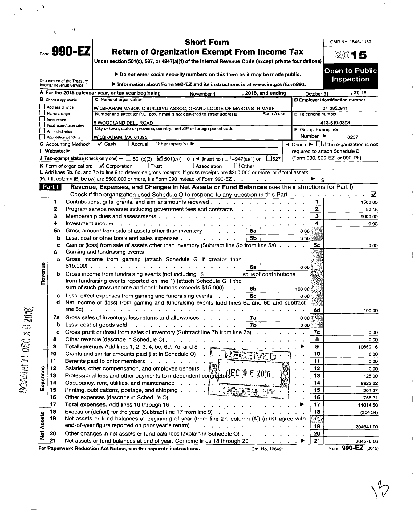 Image of first page of 2015 Form 990EO for Massachusetts Freemasons - Wilbraham Masonic Bldg Assoc