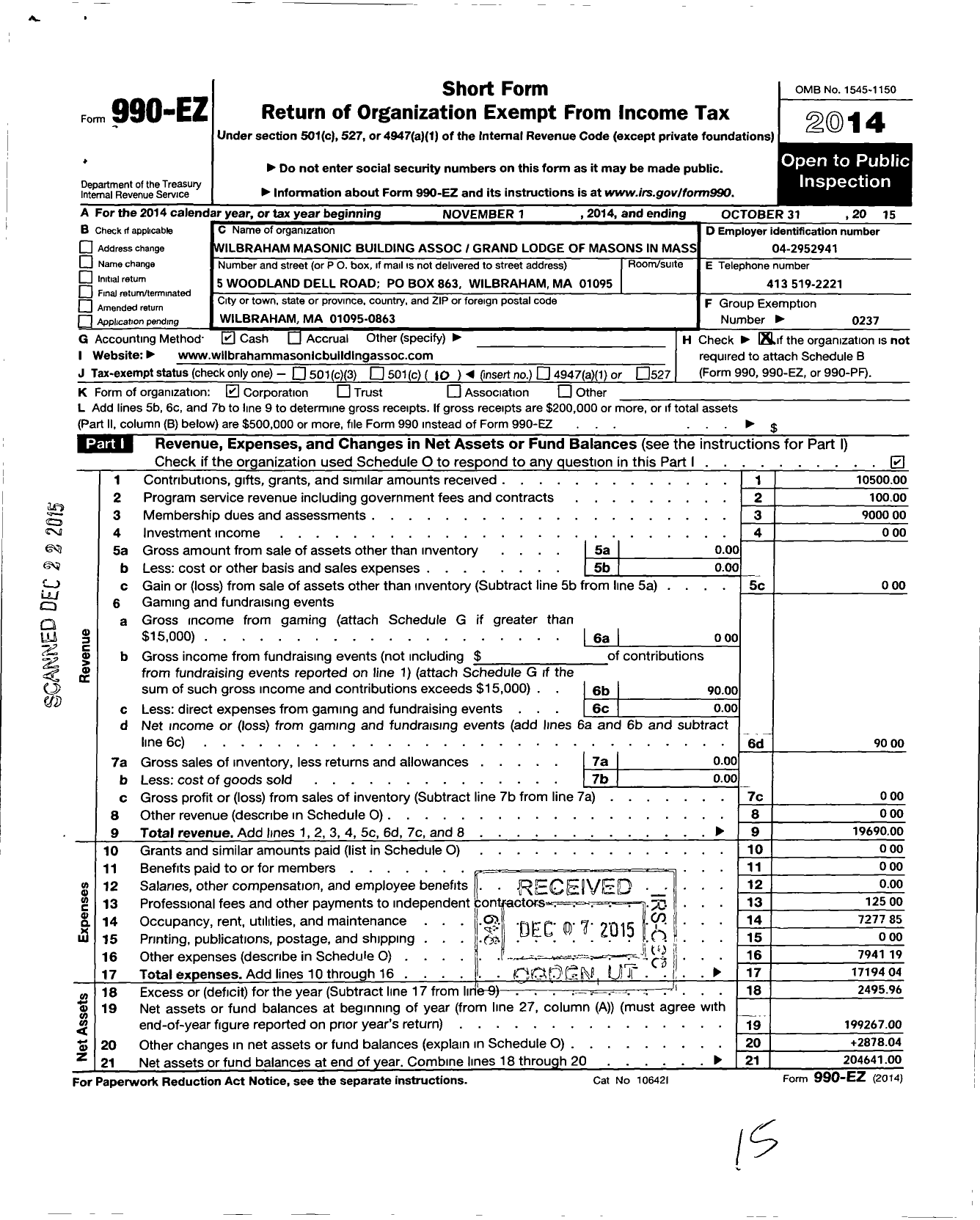 Image of first page of 2014 Form 990EO for Massachusetts Freemasons - Wilbraham Masonic Bldg Assoc