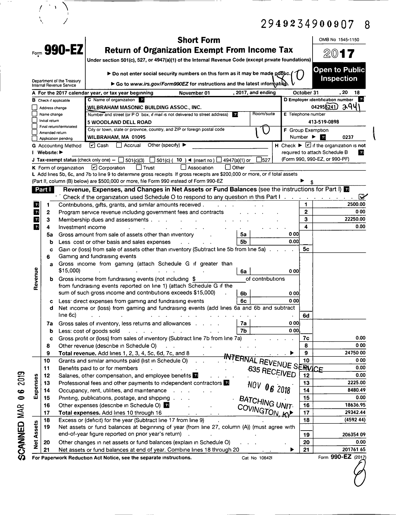 Image of first page of 2017 Form 990EO for Massachusetts Freemasons - Wilbraham Masonic Bldg Assoc