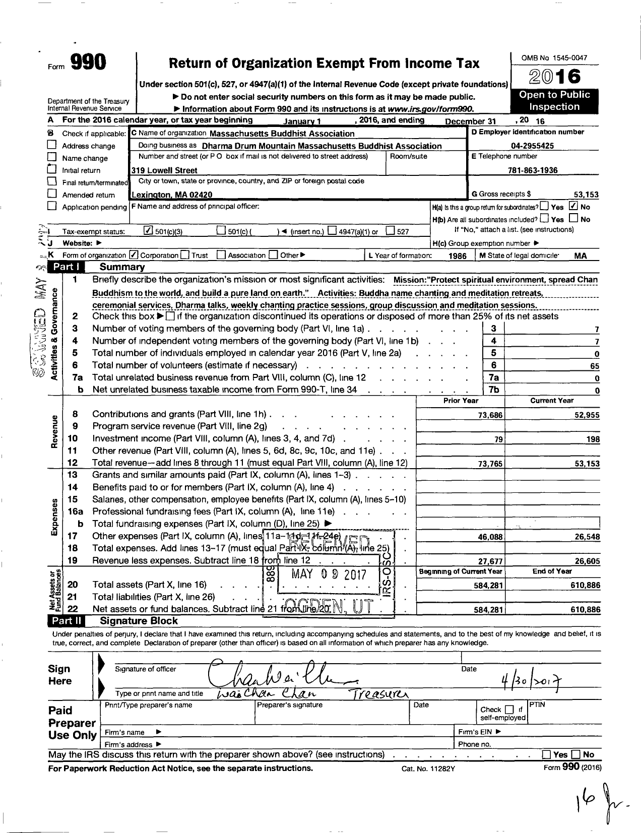 Image of first page of 2016 Form 990 for Massachusetts Buddhist Association