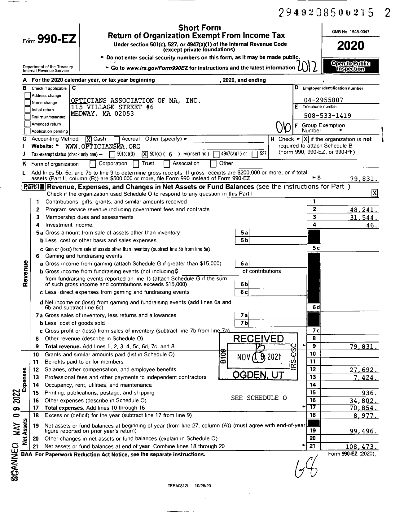 Image of first page of 2020 Form 990EO for Opticians Association of MA