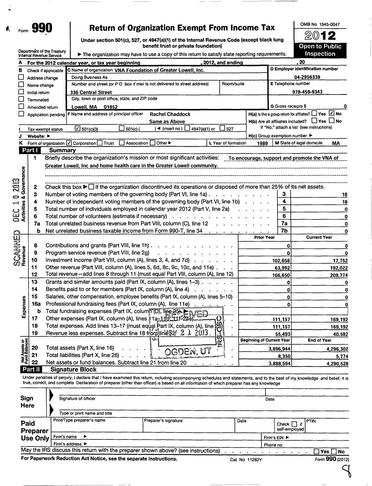 Image of first page of 2012 Form 990 for Vna Foundation of Greater Lowell