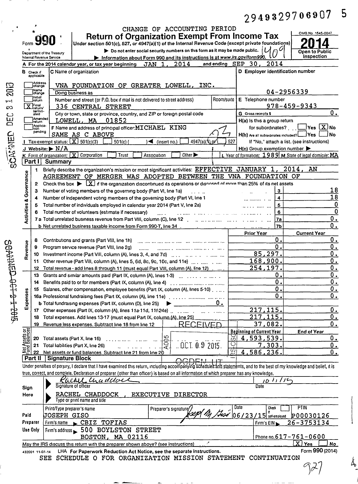 Image of first page of 2013 Form 990 for Vna Foundation of Greater Lowell