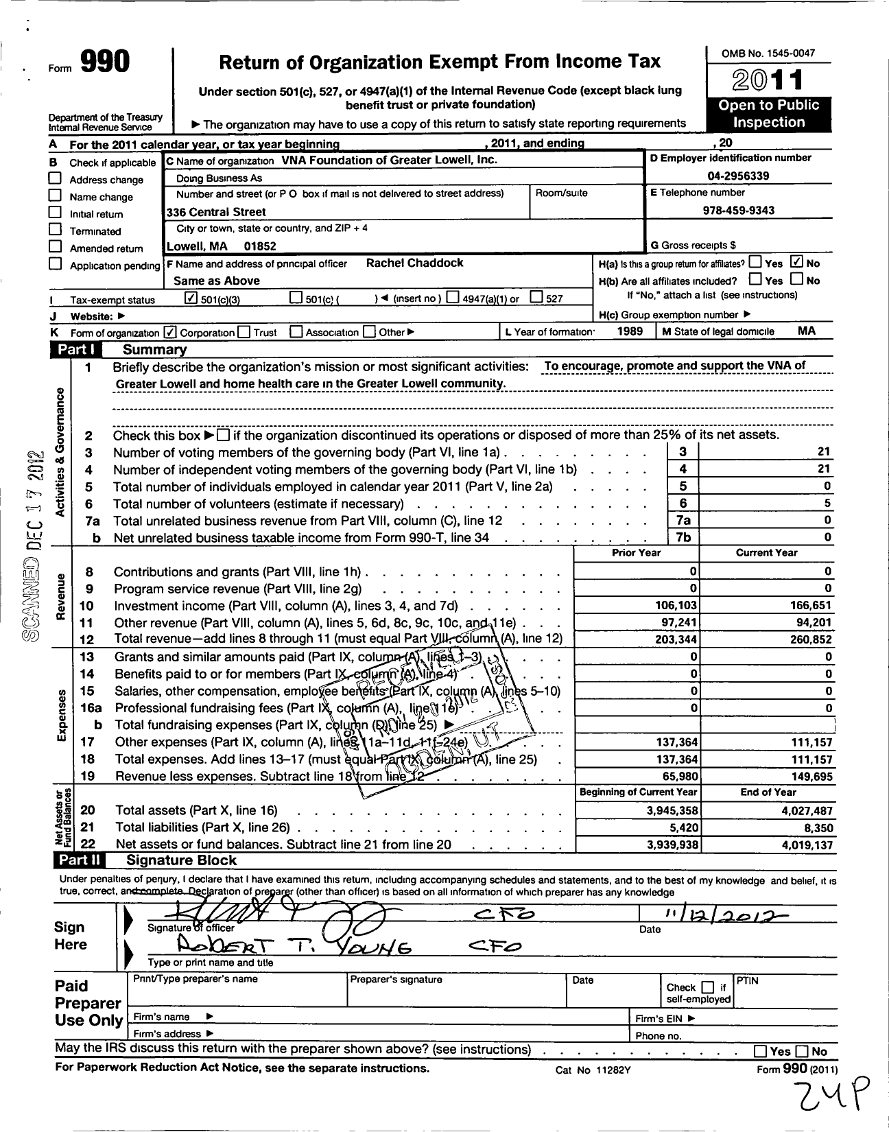 Image of first page of 2011 Form 990 for Vna Foundation of Greater Lowell