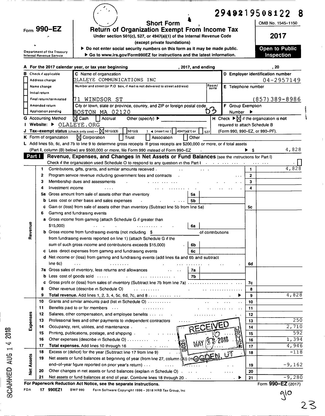 Image of first page of 2017 Form 990EZ for Olaleye Communications