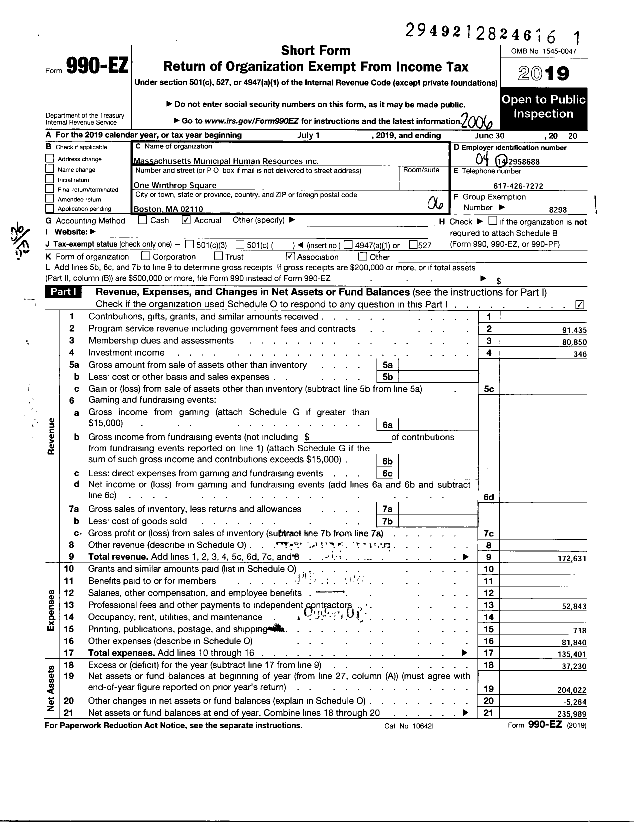 Image of first page of 2019 Form 990EO for Massachusetts Municipal Human Resources