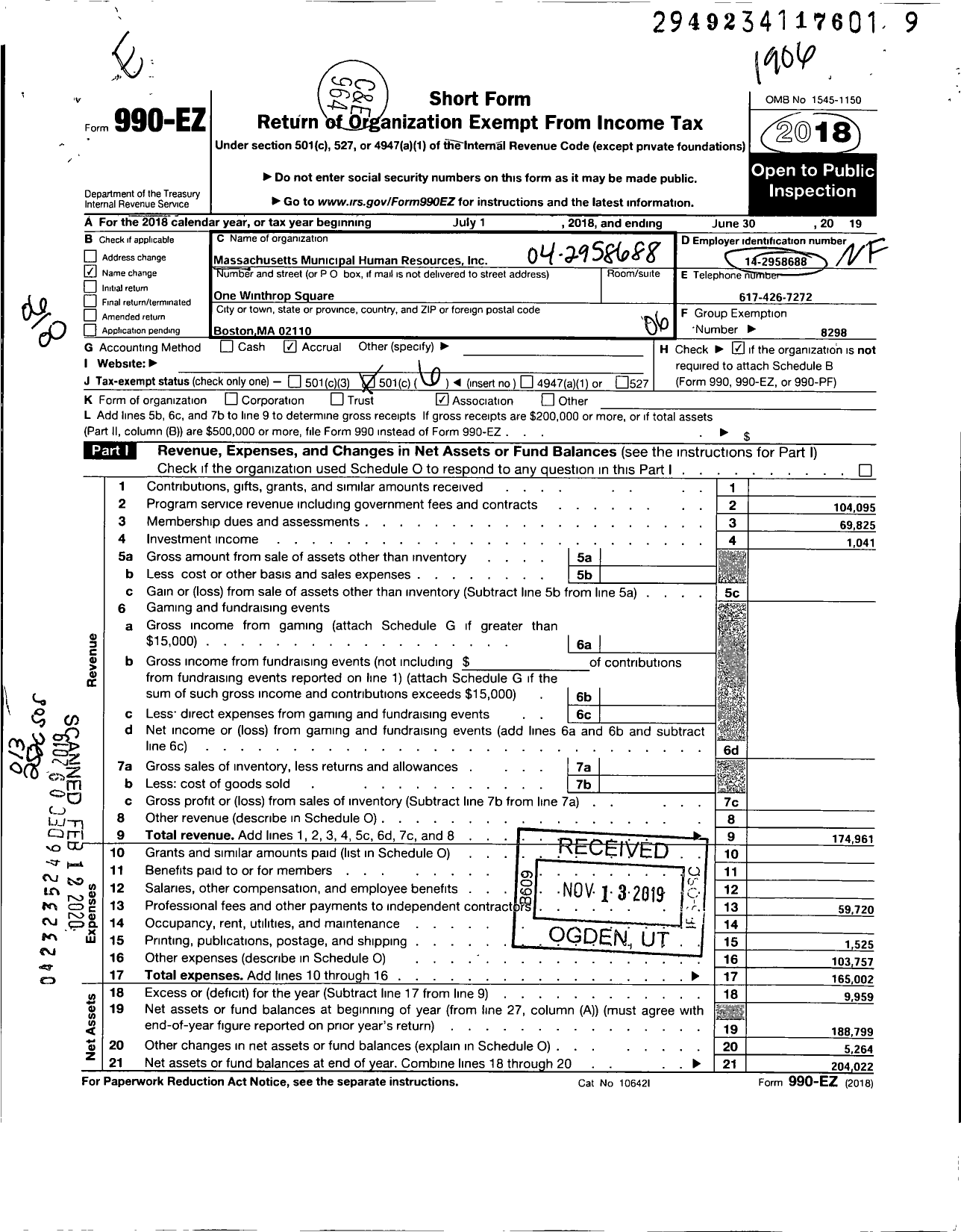 Image of first page of 2018 Form 990EO for Massachusetts Municipal Human Resources