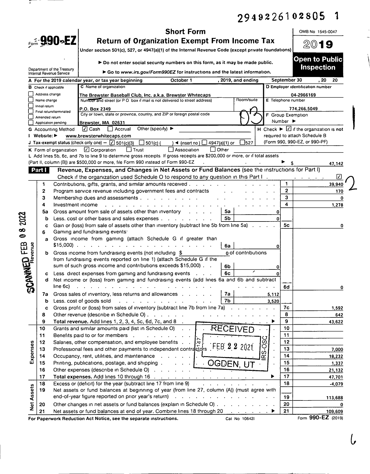 Image of first page of 2019 Form 990EZ for Brewster Whitecaps