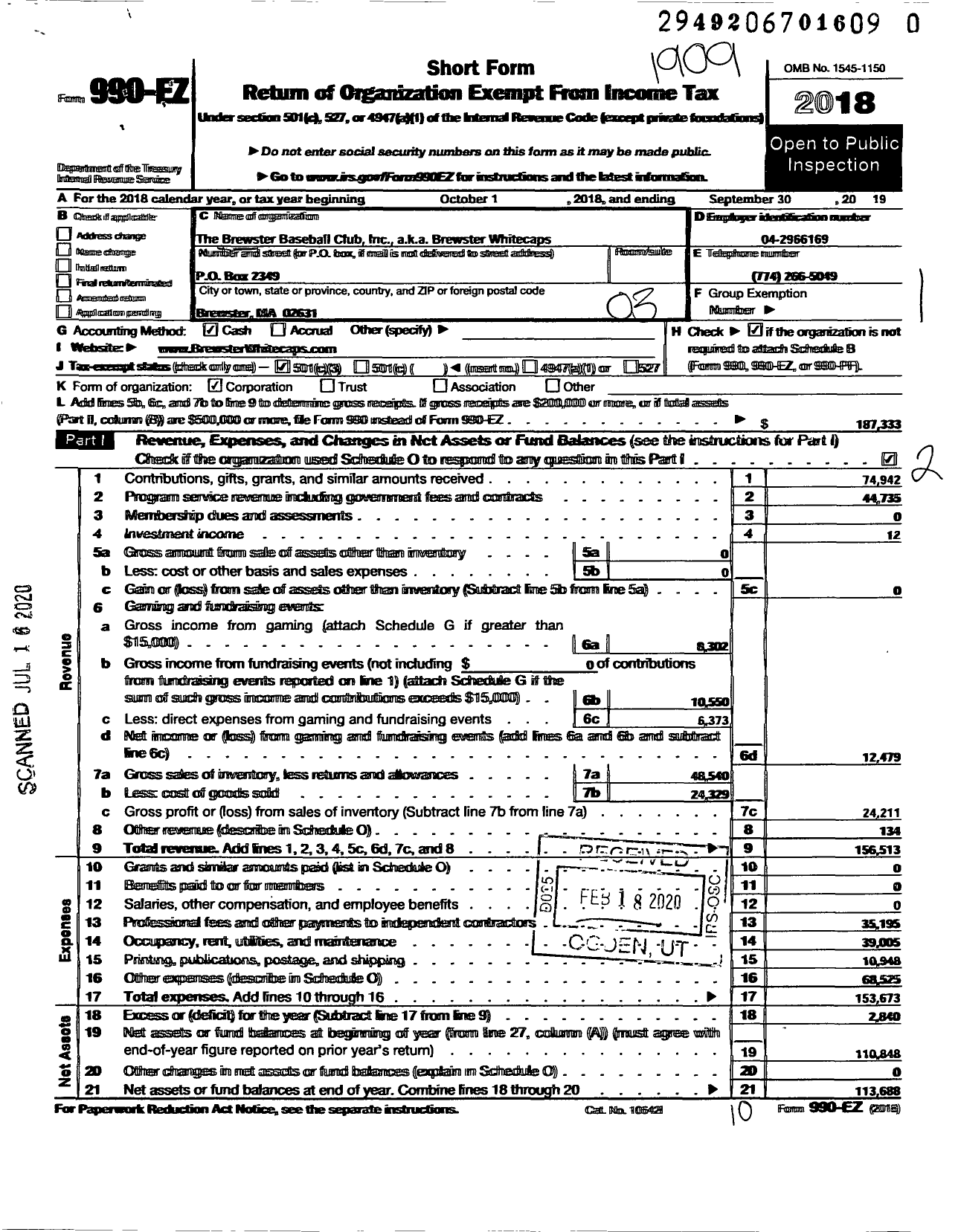 Image of first page of 2018 Form 990EZ for Brewster Whitecaps