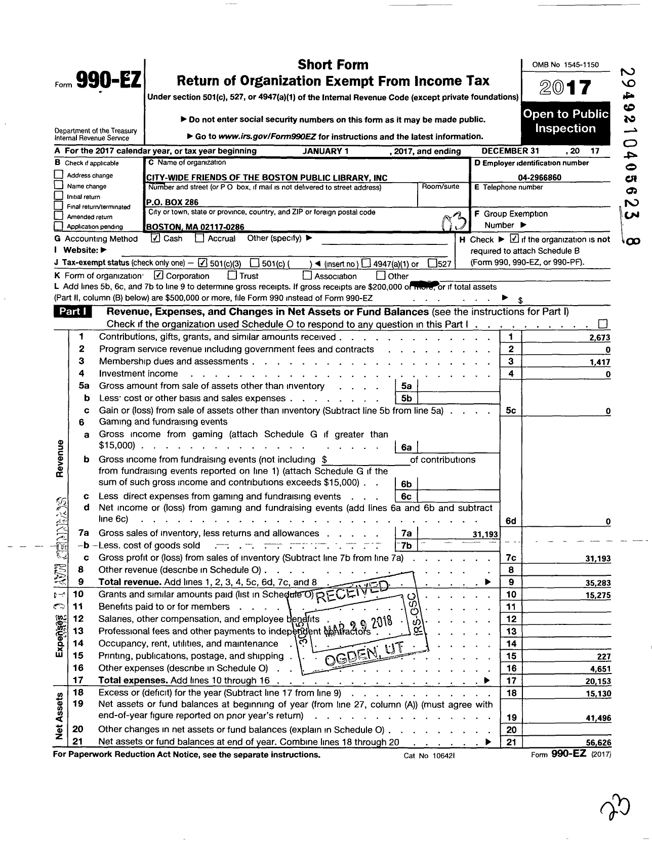 Image of first page of 2017 Form 990EZ for City Wide Friends of the Boston Public Library