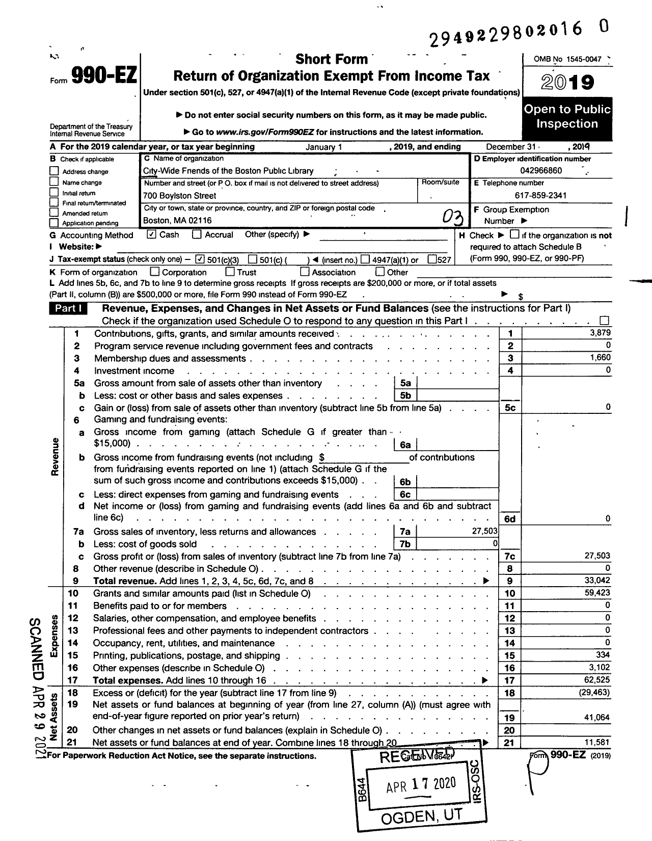 Image of first page of 2019 Form 990EZ for City Wide Friends of the Boston Public Library