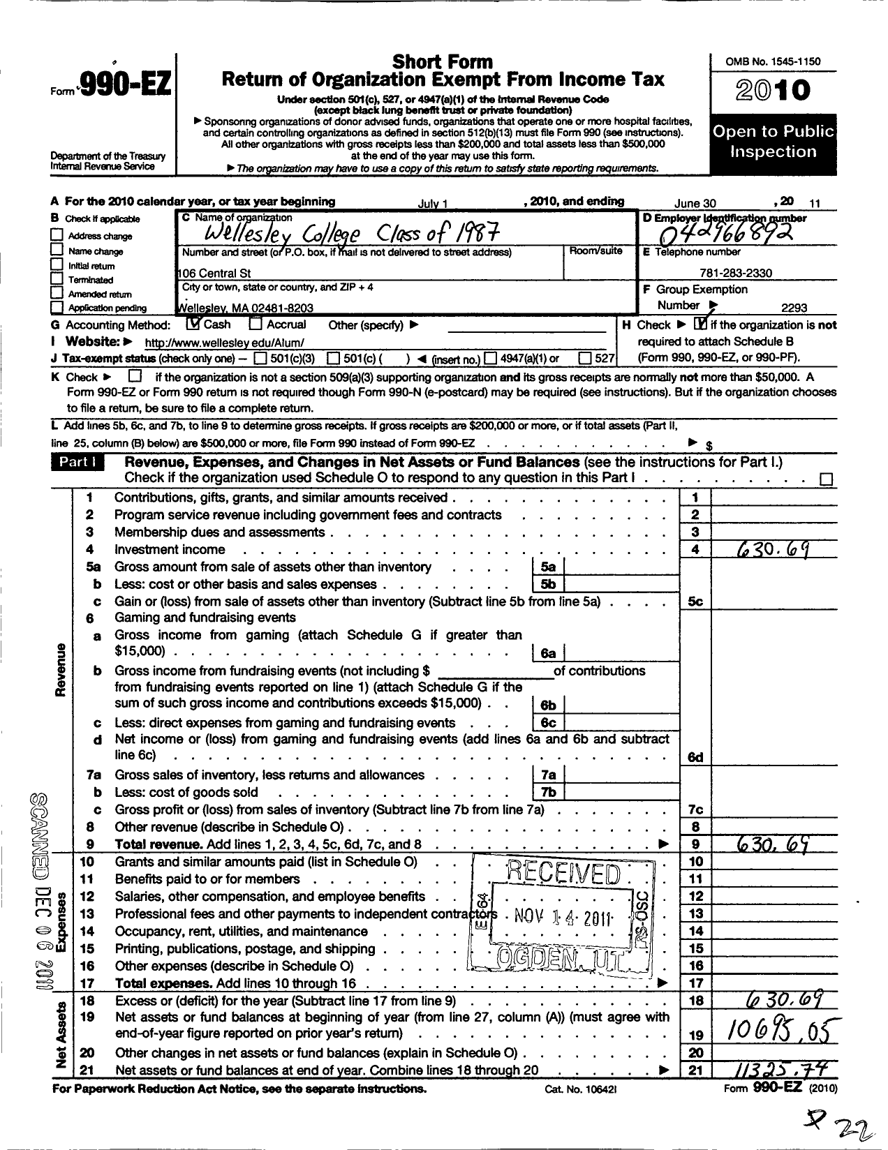 Image of first page of 2010 Form 990EZ for Wellesley College Alumnae Association - 1987 Class