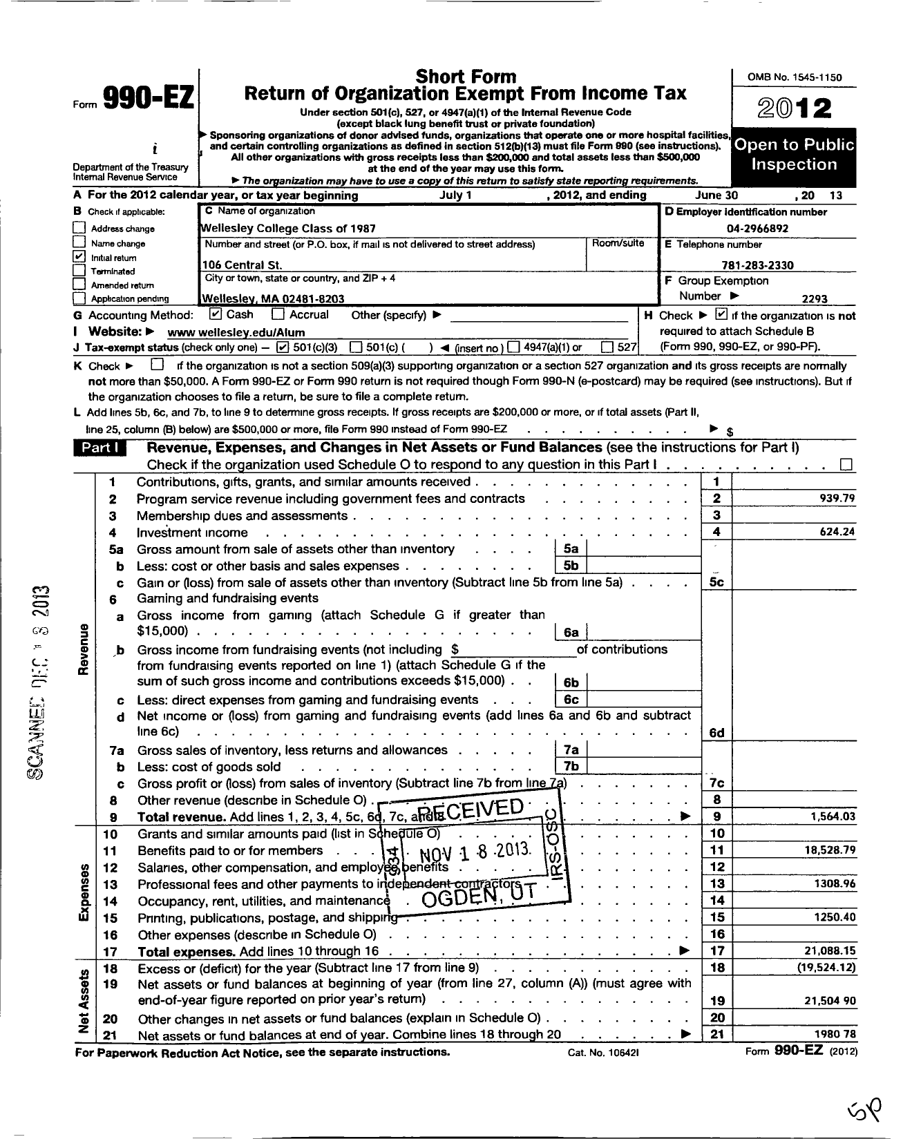 Image of first page of 2012 Form 990EZ for Wellesley College Alumnae Association - 1987 Class