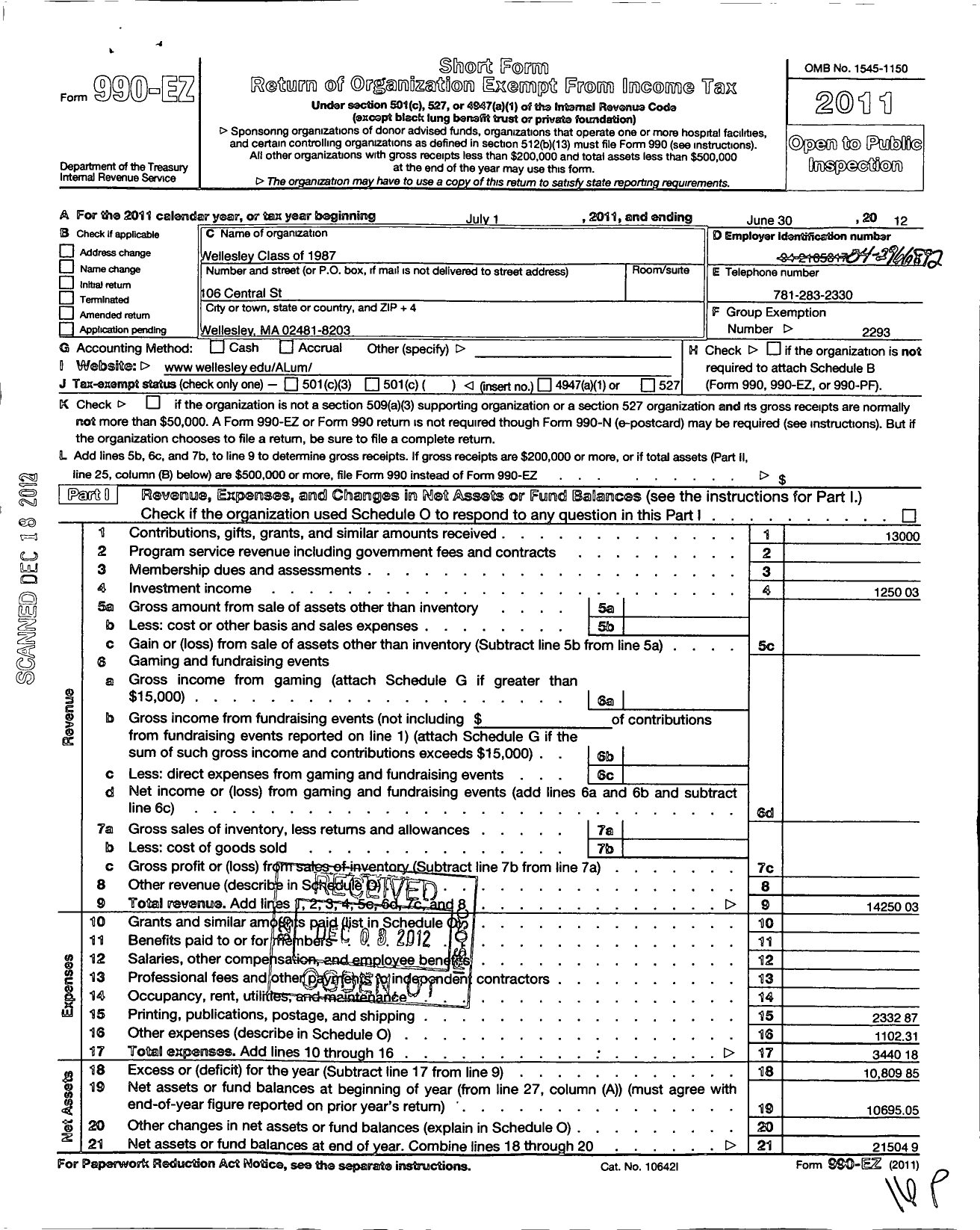 Image of first page of 2011 Form 990EO for Wellesley College Alumnae Association - 1987 Class