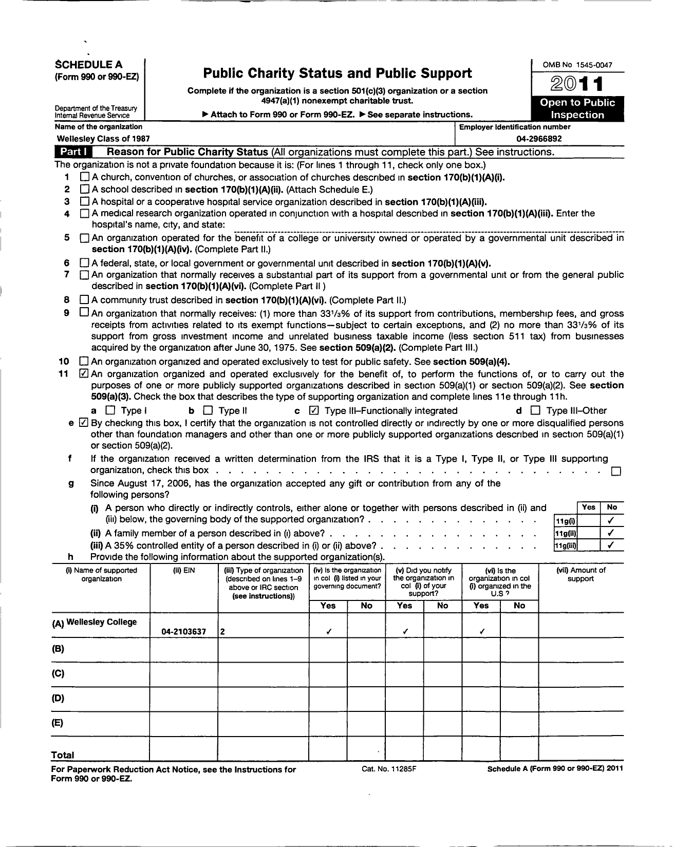 Image of first page of 2011 Form 990ER for Wellesley College Alumnae Association - 1987 Class