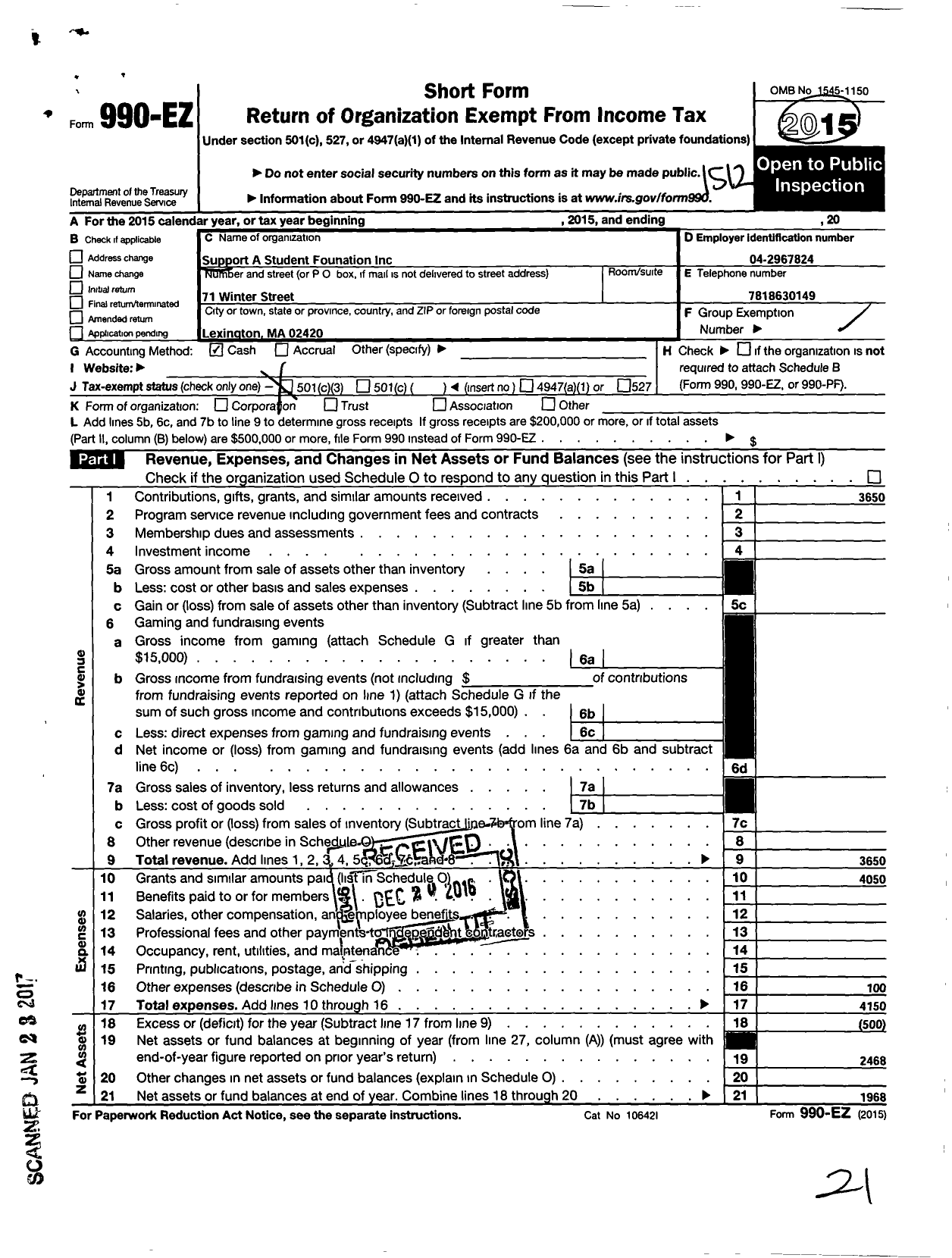 Image of first page of 2015 Form 990EZ for Support A Student Foundation