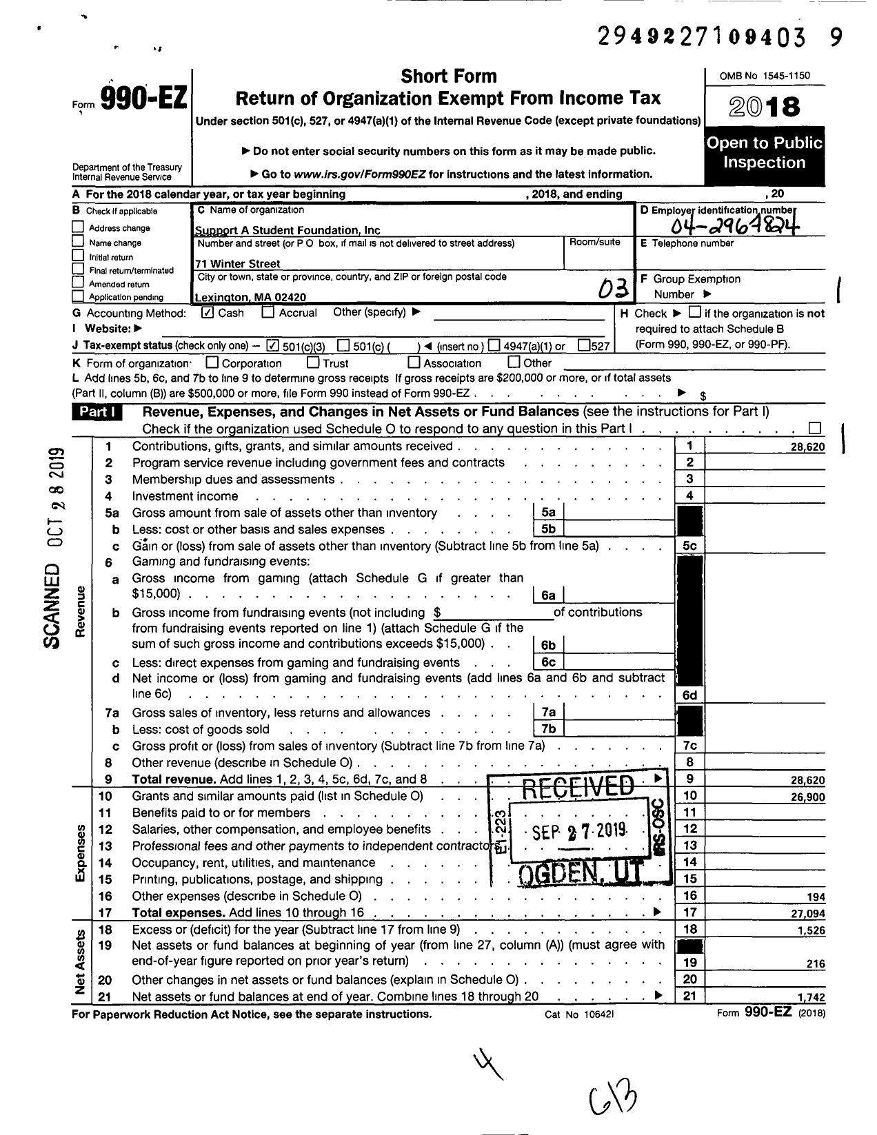 Image of first page of 2018 Form 990EZ for Support A Student Foundation