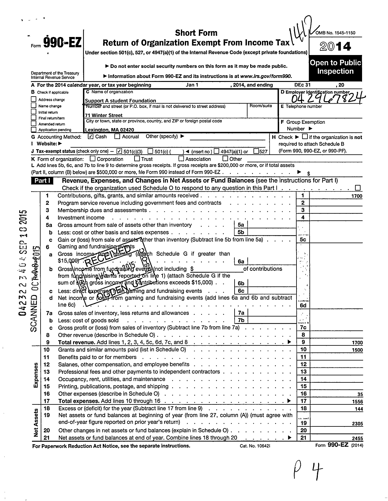 Image of first page of 2014 Form 990EZ for Support A Student Foundation