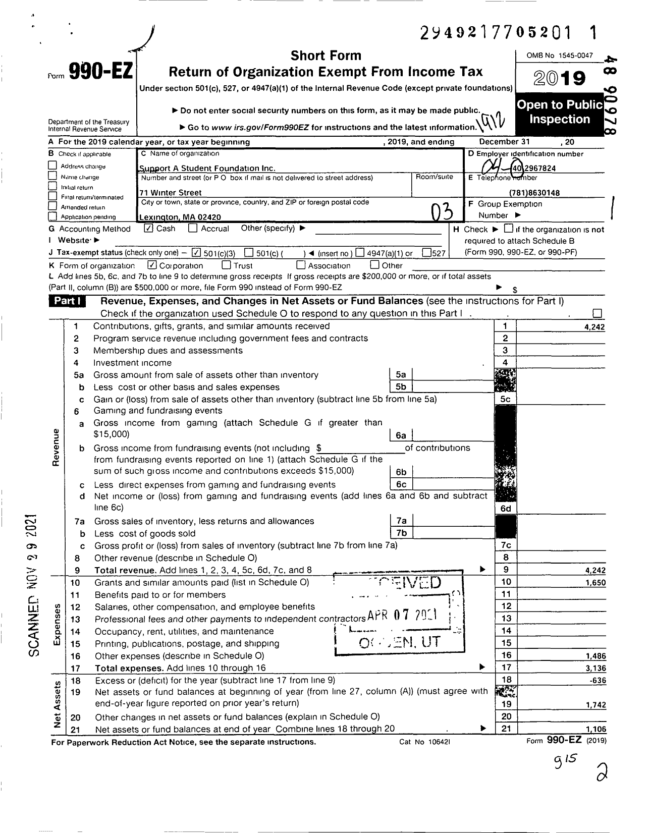 Image of first page of 2019 Form 990EZ for Support A Student Foundation