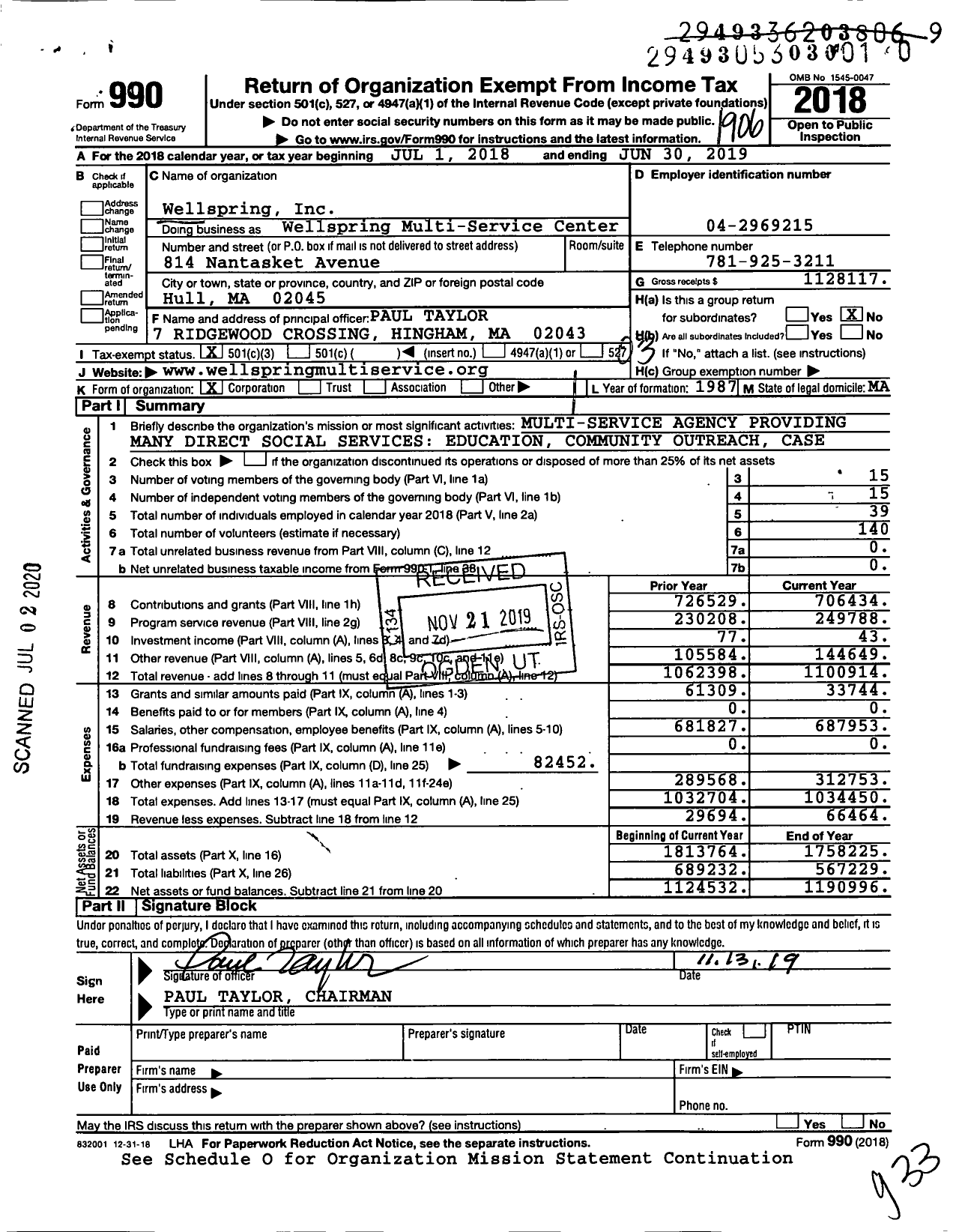 Image of first page of 2018 Form 990 for Wellspring Multi-Service Centers