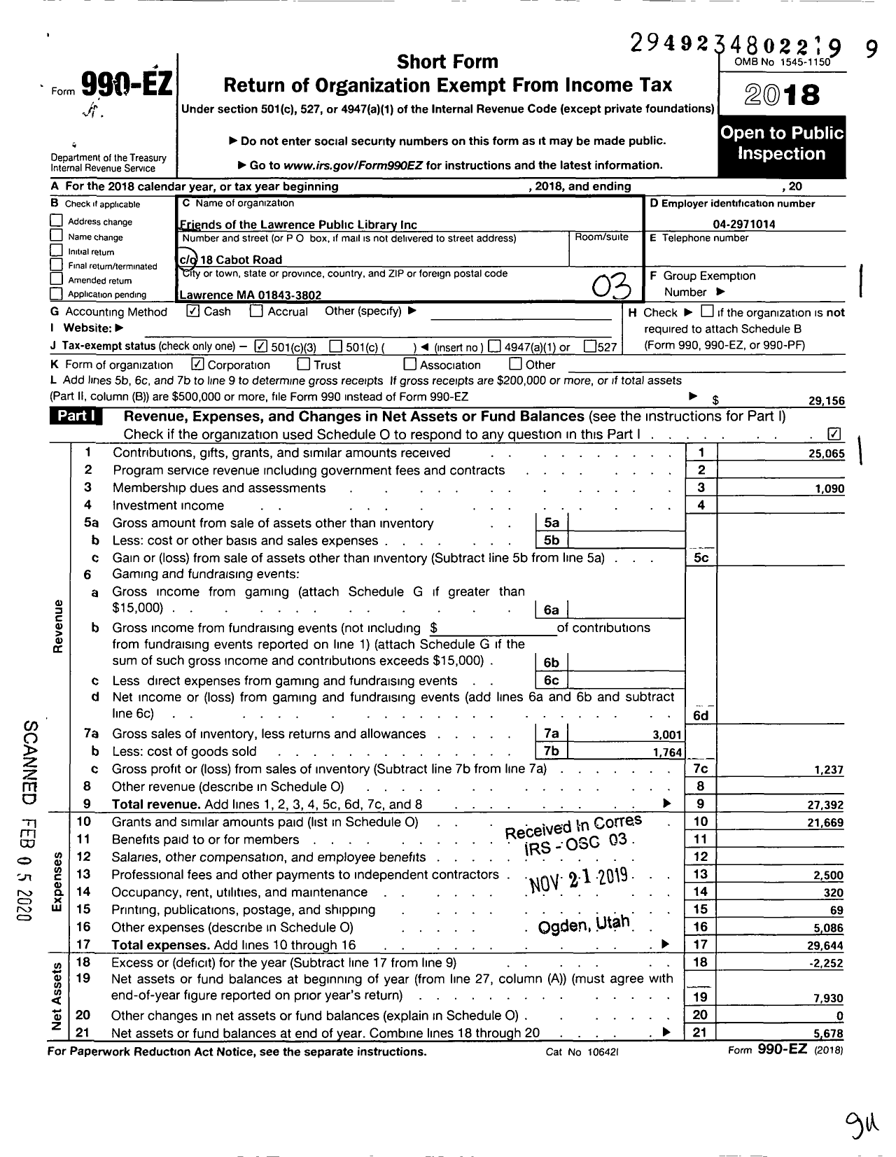 Image of first page of 2018 Form 990EZ for Friends of the Lawrence Public Library