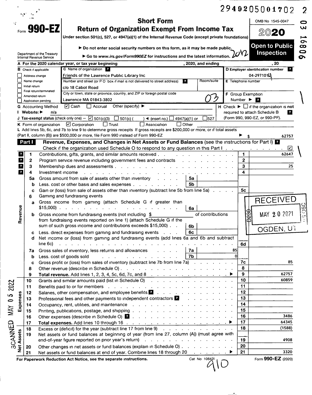 Image of first page of 2020 Form 990EZ for Friends of the Lawrence Public Library