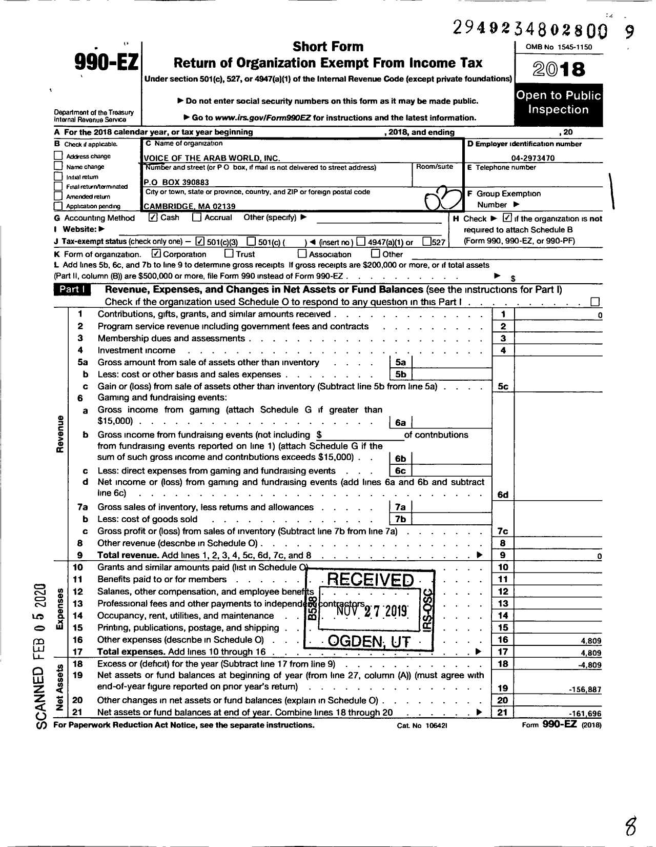 Image of first page of 2018 Form 990EZ for Voice of the Arab World