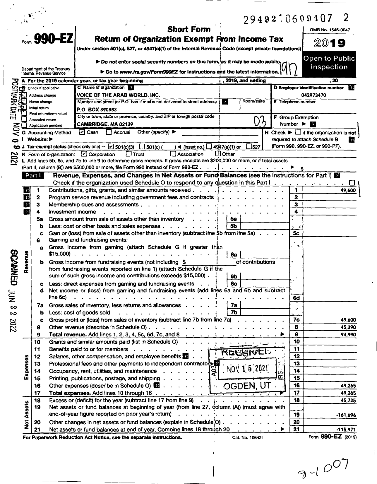 Image of first page of 2019 Form 990EZ for Voice of the Arab World