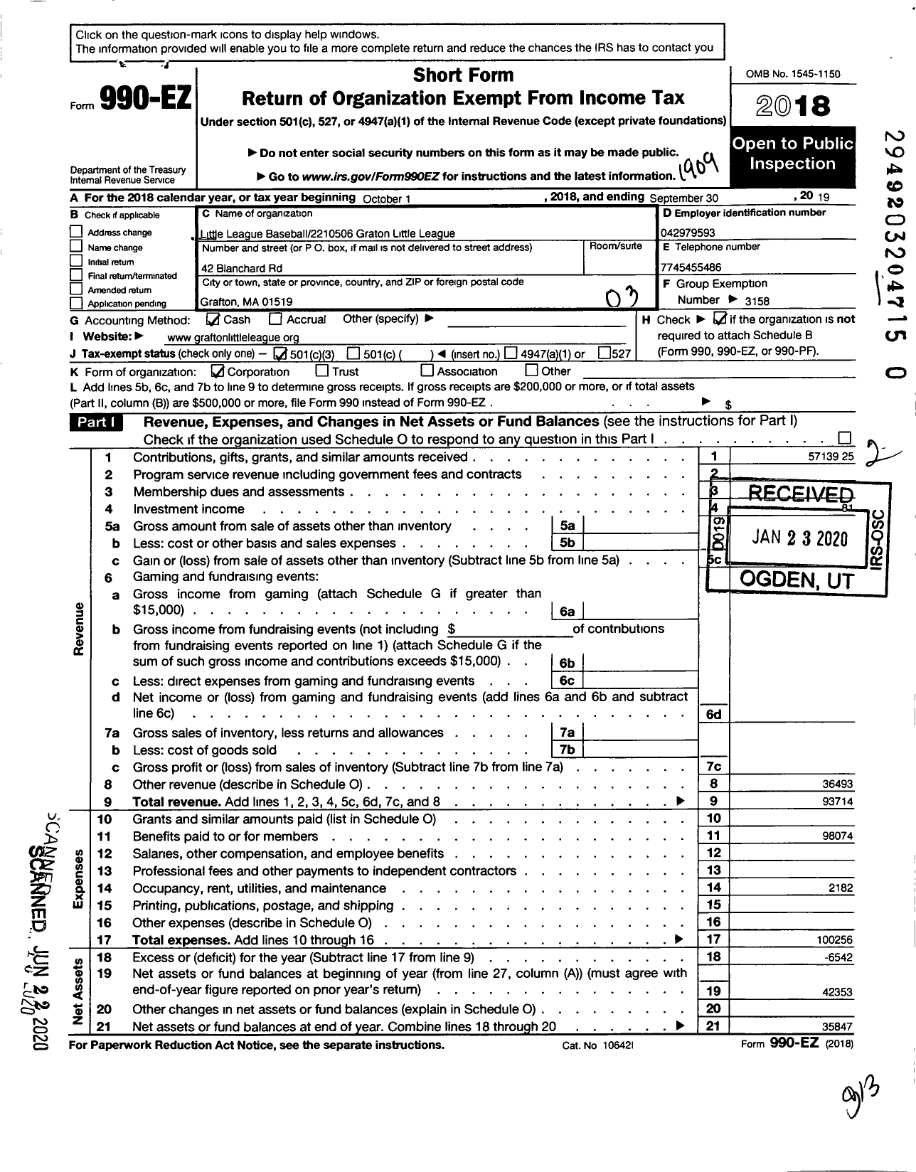 Image of first page of 2018 Form 990EZ for Little League Baseball 2210506 Grafton Little League