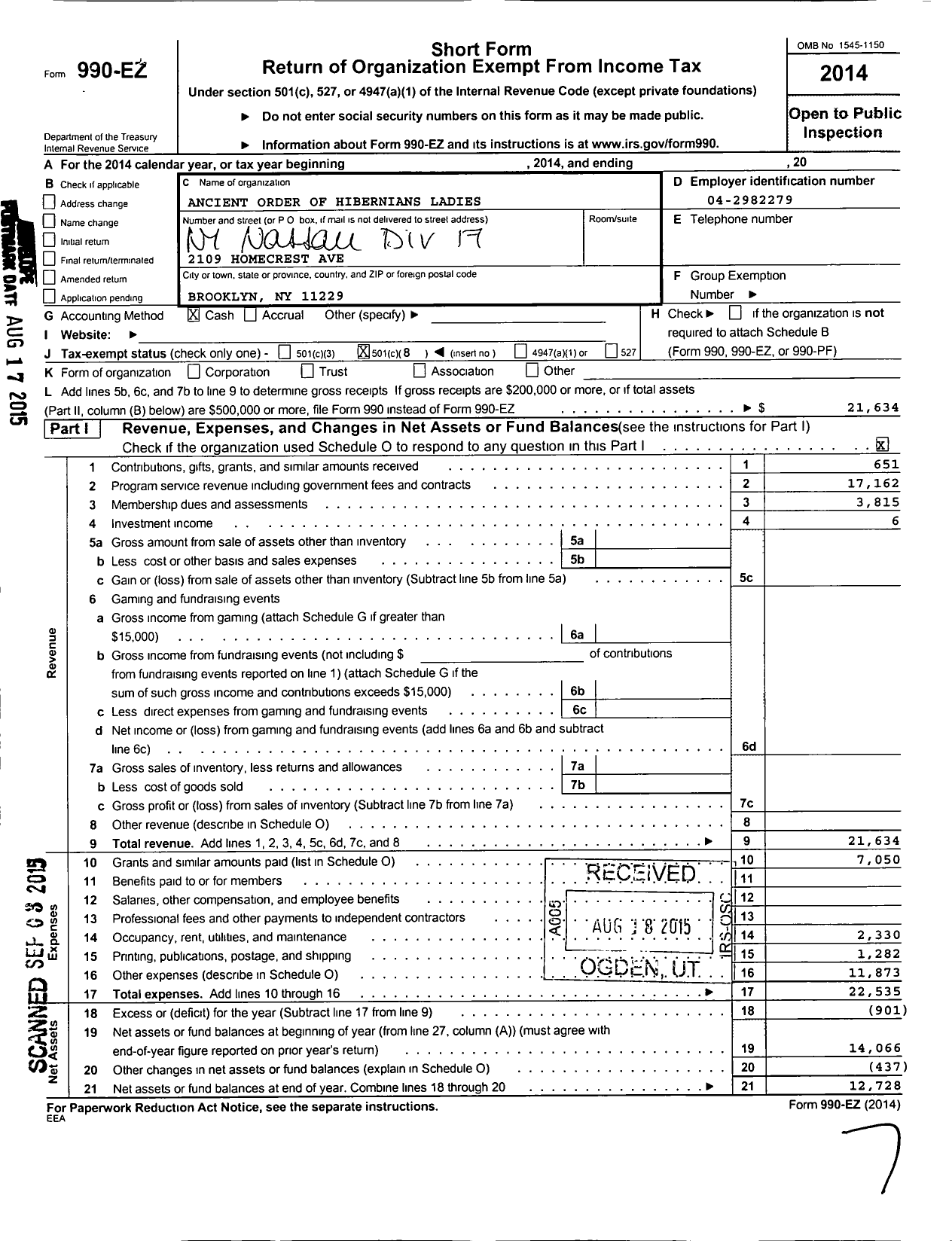 Image of first page of 2014 Form 990EO for Ancient Order of Hibernians Ladies / 17 Division Long Beach