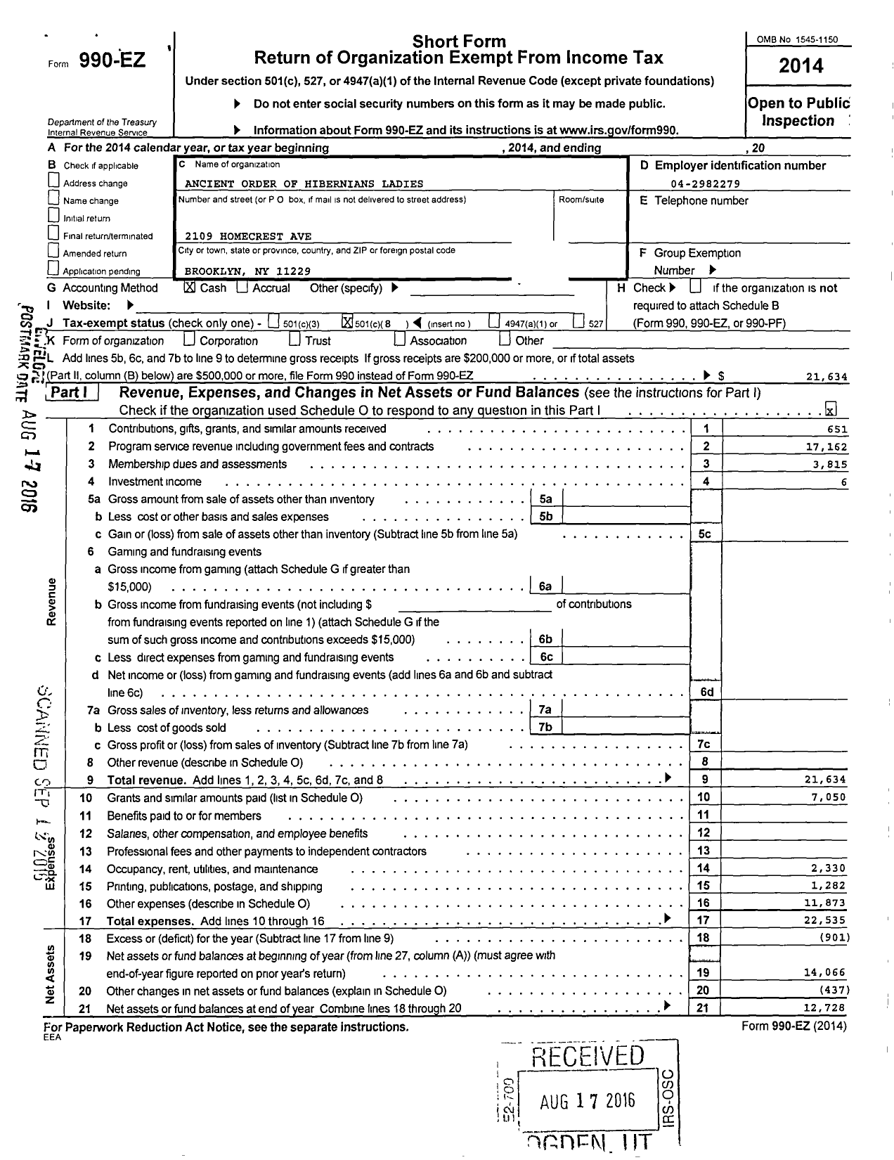 Image of first page of 2014 Form 990EO for Ancient Order of Hibernians Ladies / 17 Division Long Beach