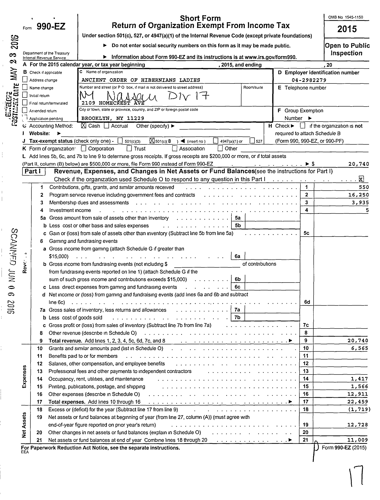 Image of first page of 2015 Form 990EO for Ancient Order of Hibernians Ladies / 17 Division Long Beach