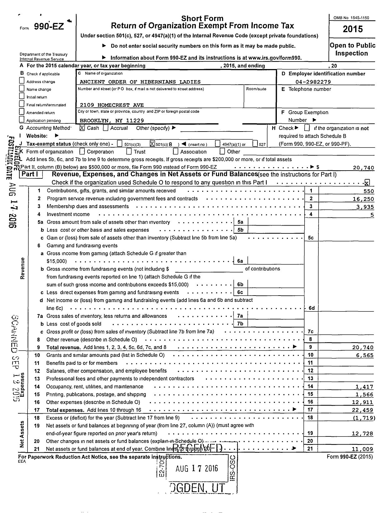 Image of first page of 2015 Form 990EO for Ancient Order of Hibernians Ladies / 17 Division Long Beach