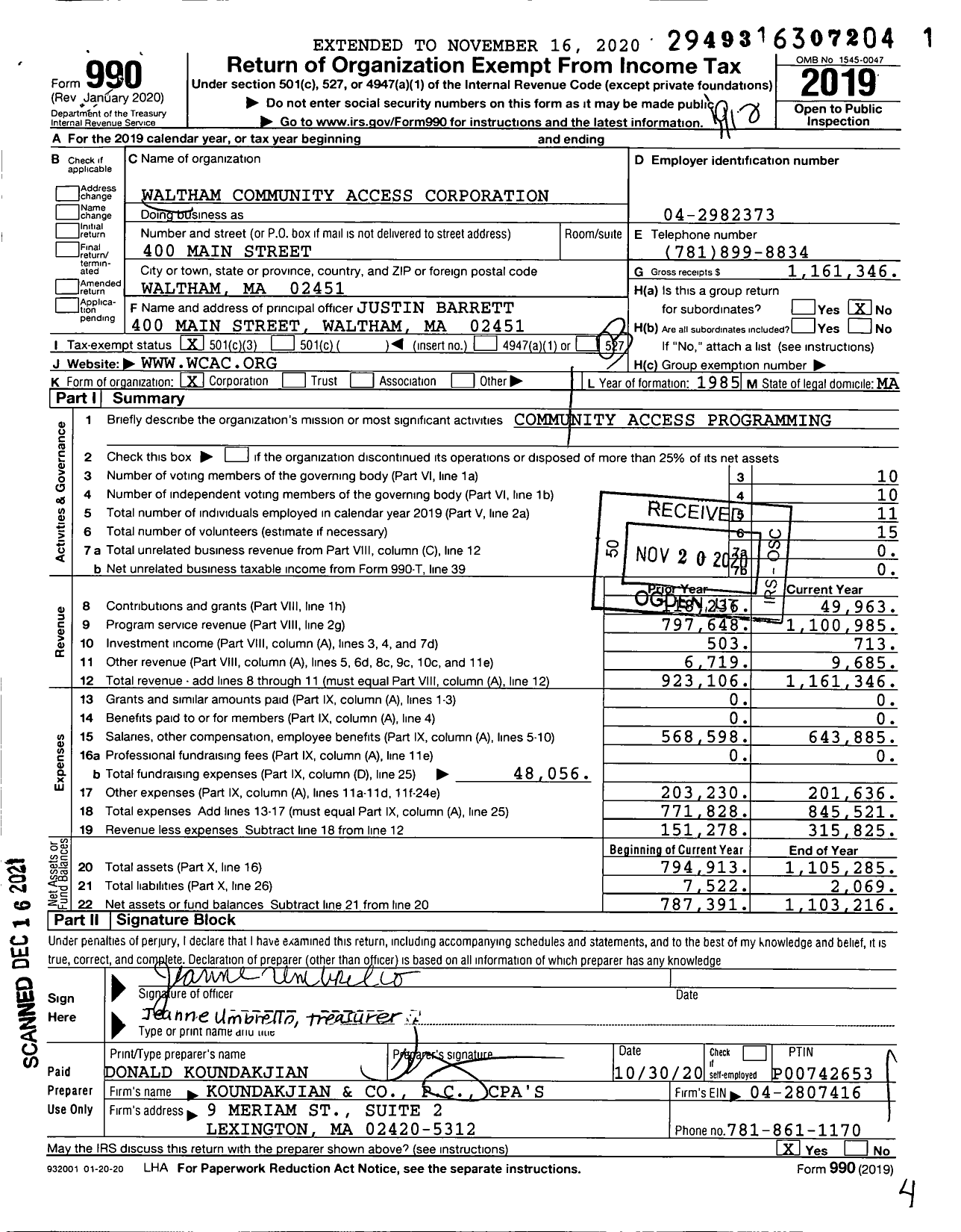 Image of first page of 2019 Form 990 for Waltham Community Access Corporation