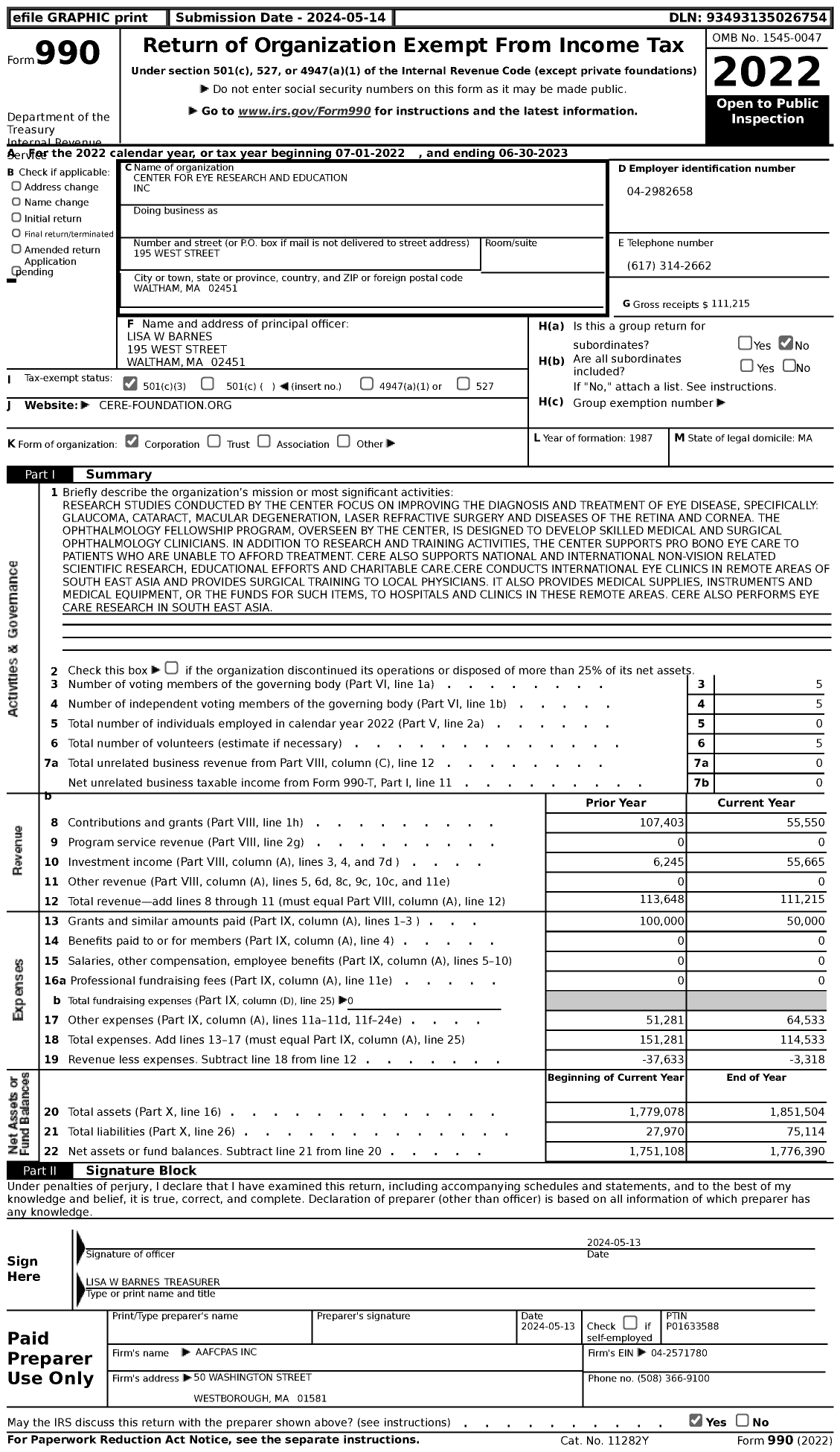 Image of first page of 2022 Form 990 for Center for Eye Research and Education