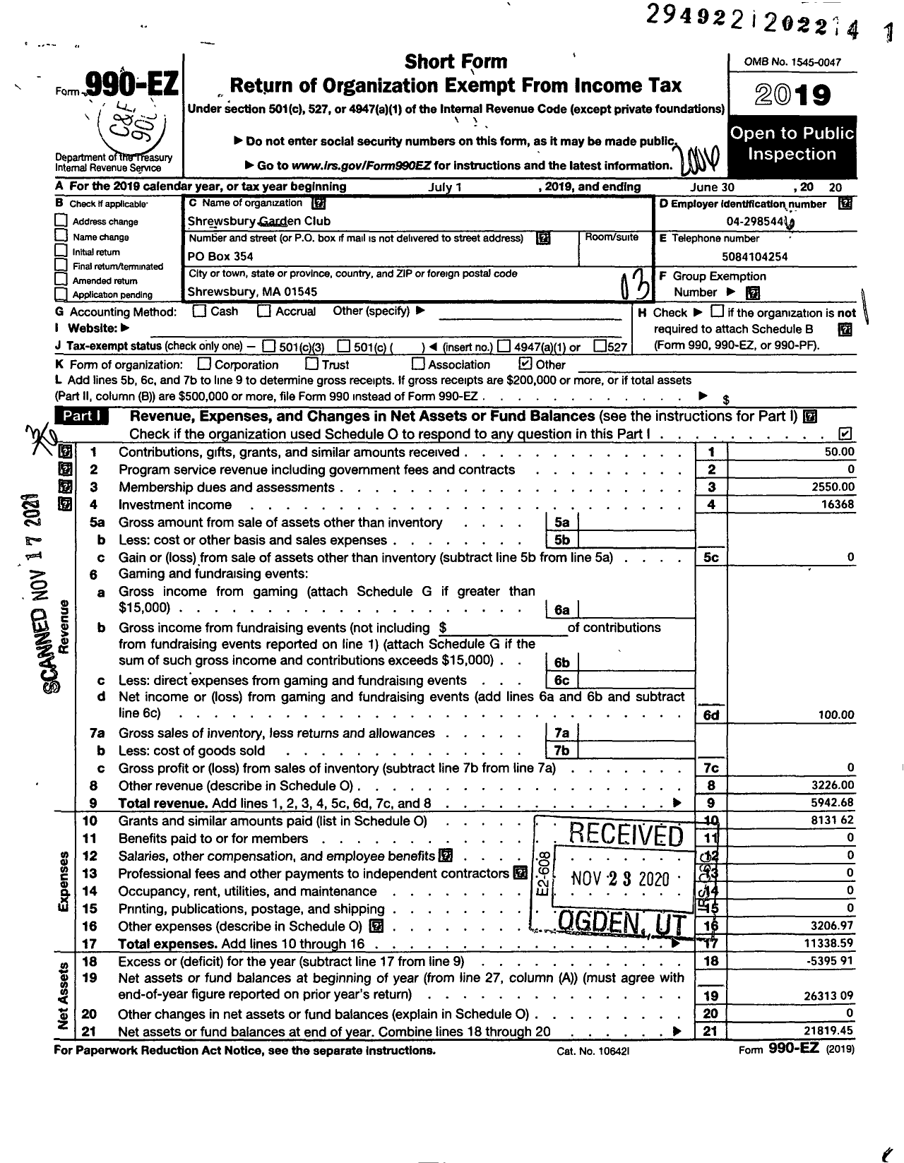 Image of first page of 2019 Form 990EZ for Garden Club Federation of Massachusetts