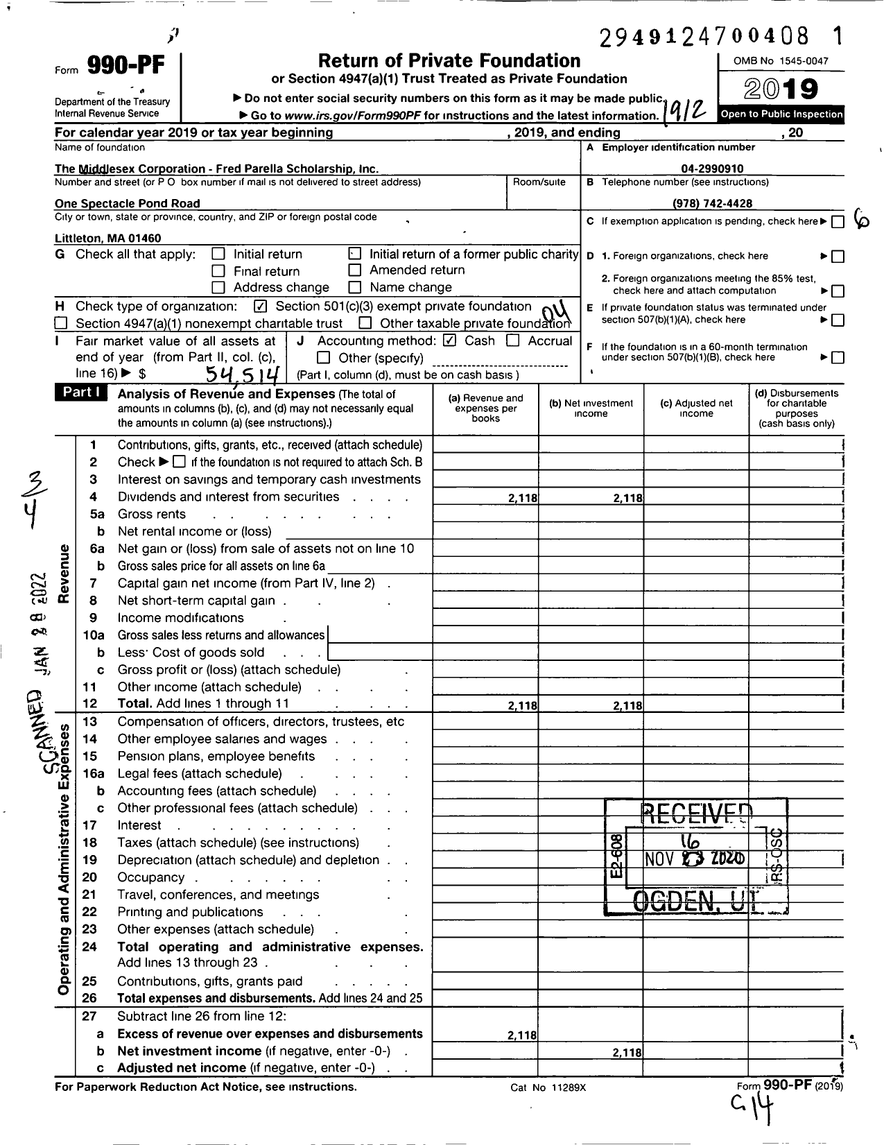 Image of first page of 2019 Form 990PF for Middlesex Corporation Fred Parella Scholarship