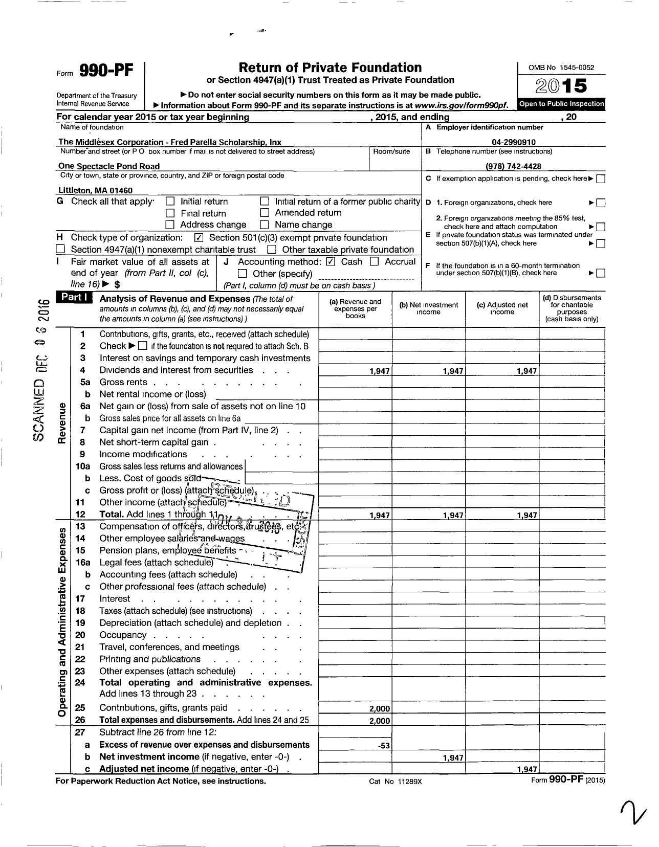 Image of first page of 2015 Form 990PF for Middlesex Corporation Fred Parella Scholarship