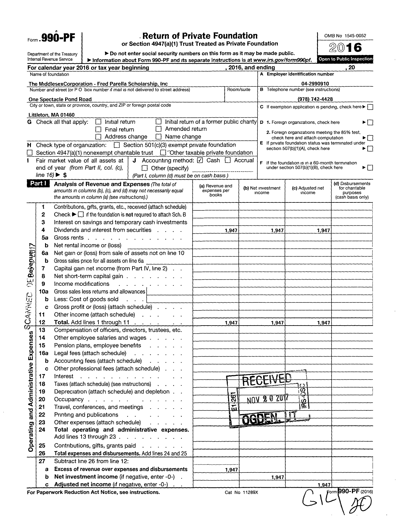 Image of first page of 2016 Form 990PF for Middlesex Corporation Fred Parella Scholarship