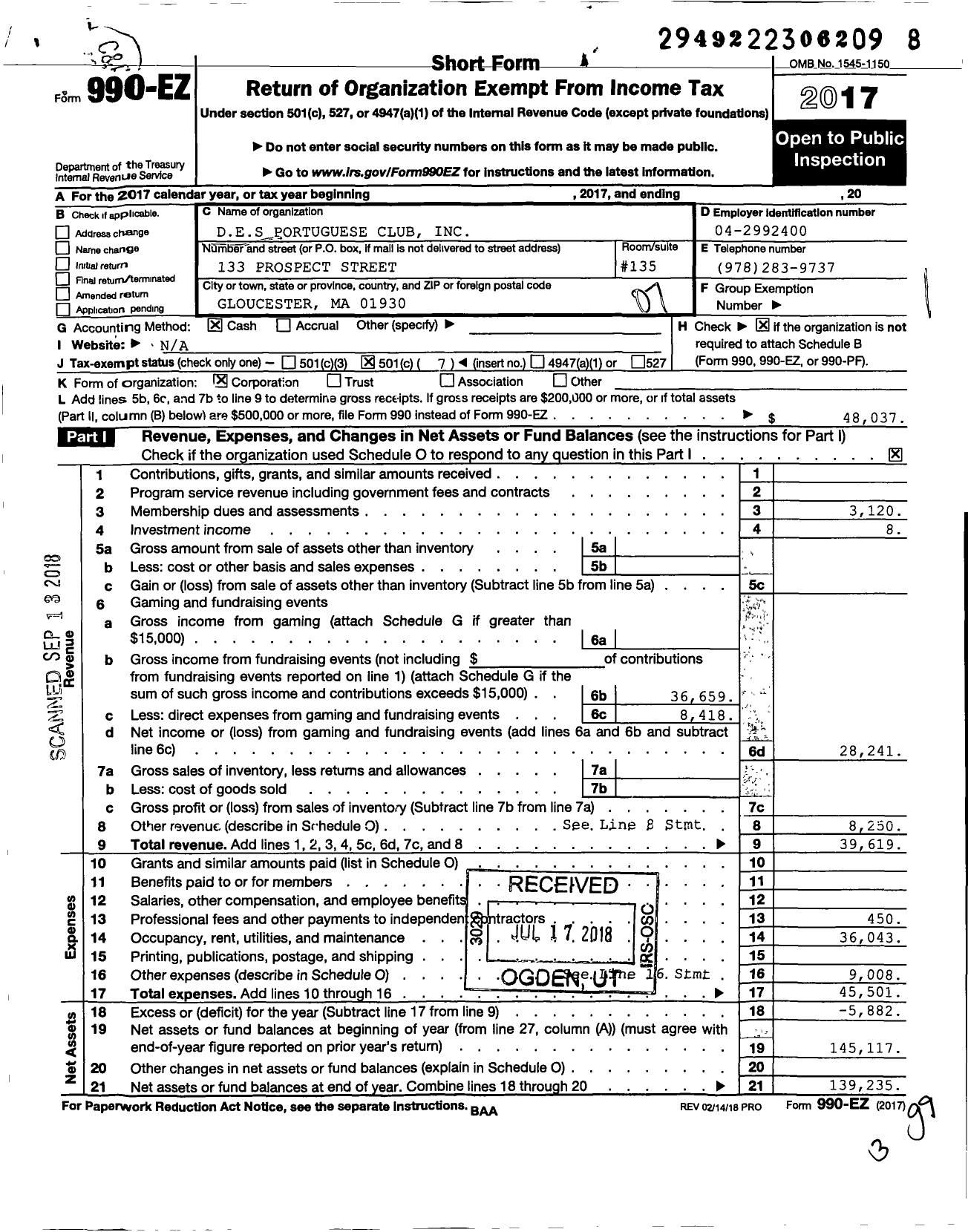 Image of first page of 2017 Form 990EO for Des Portuguese Club