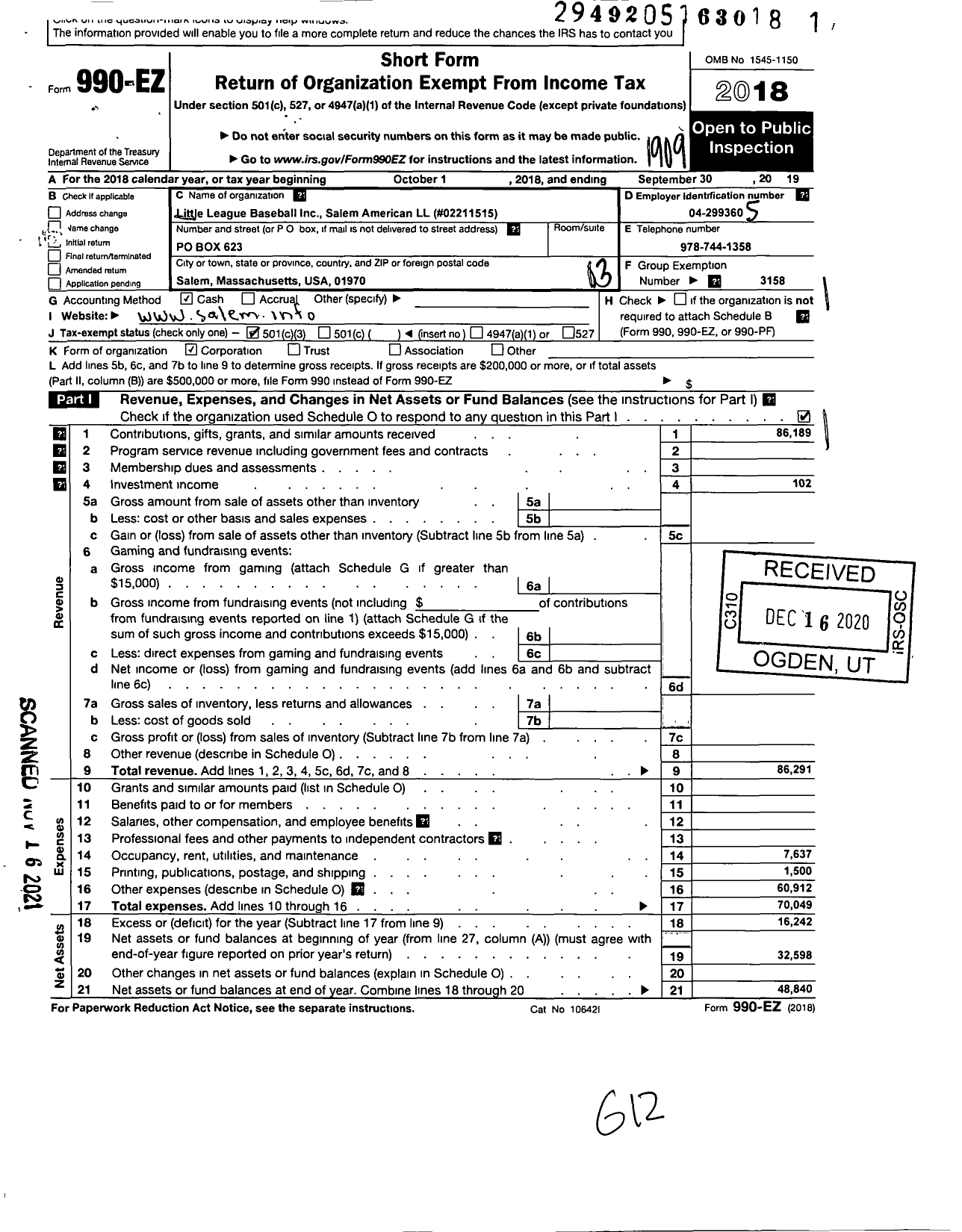 Image of first page of 2018 Form 990EZ for Little League Baseball - 2211515 Salem LL