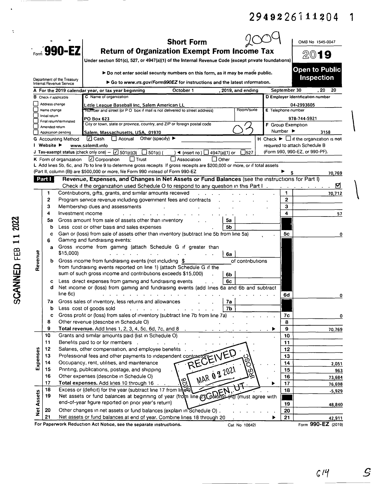 Image of first page of 2019 Form 990EZ for Little League Baseball - 2211515 Salem LL