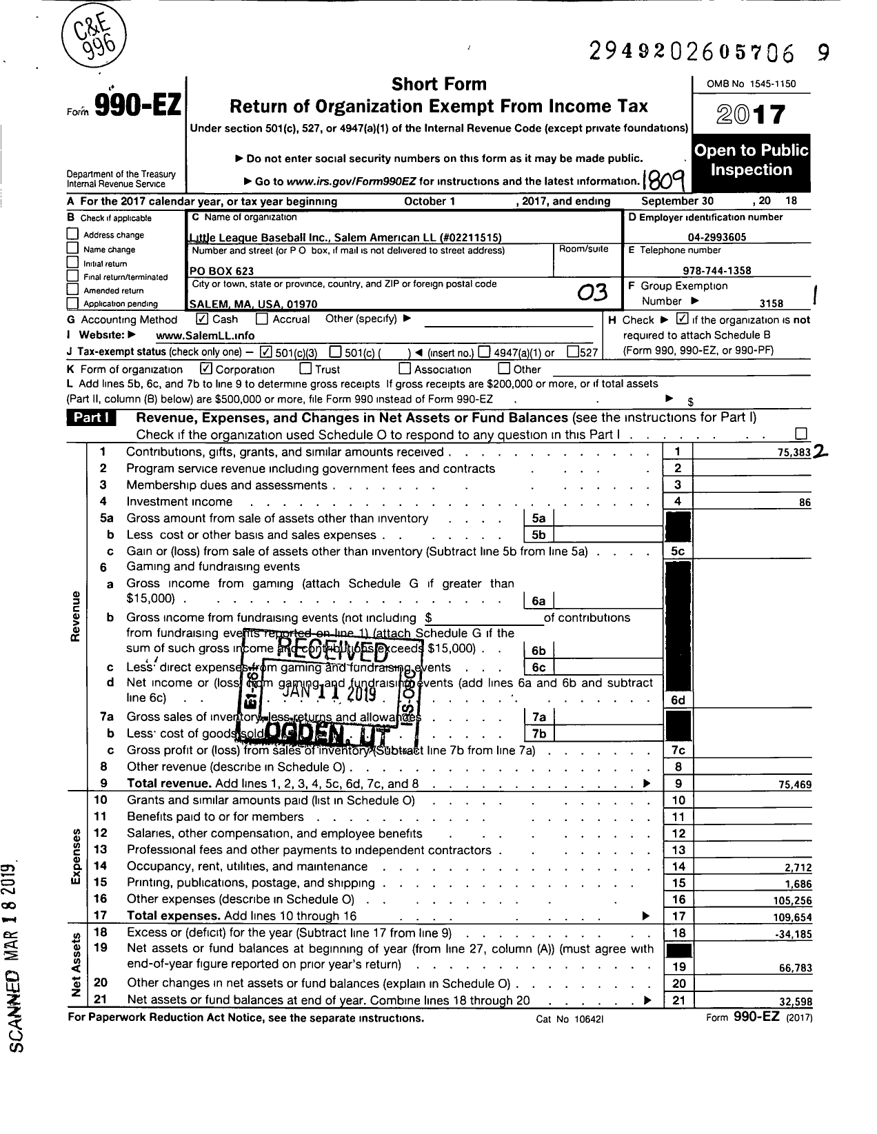 Image of first page of 2017 Form 990EZ for Little League Baseball - 2211515 Salem LL